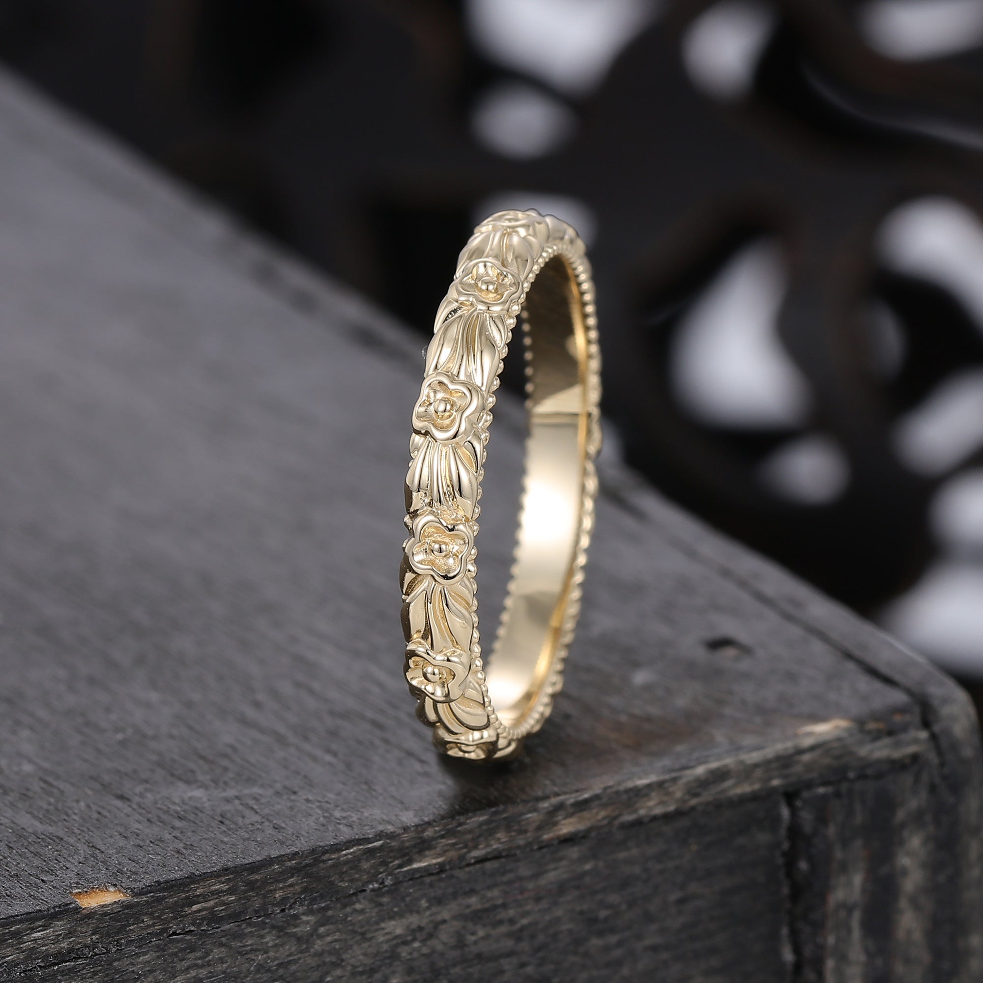 Unique Solid Flower Antique Ring Delicate Woman Ring