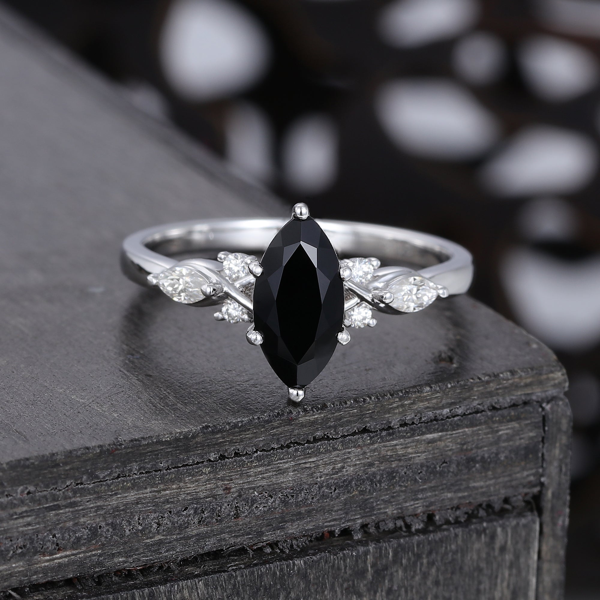 1CT Marquise Cut Black Onyx Art Deco Engagement Ring