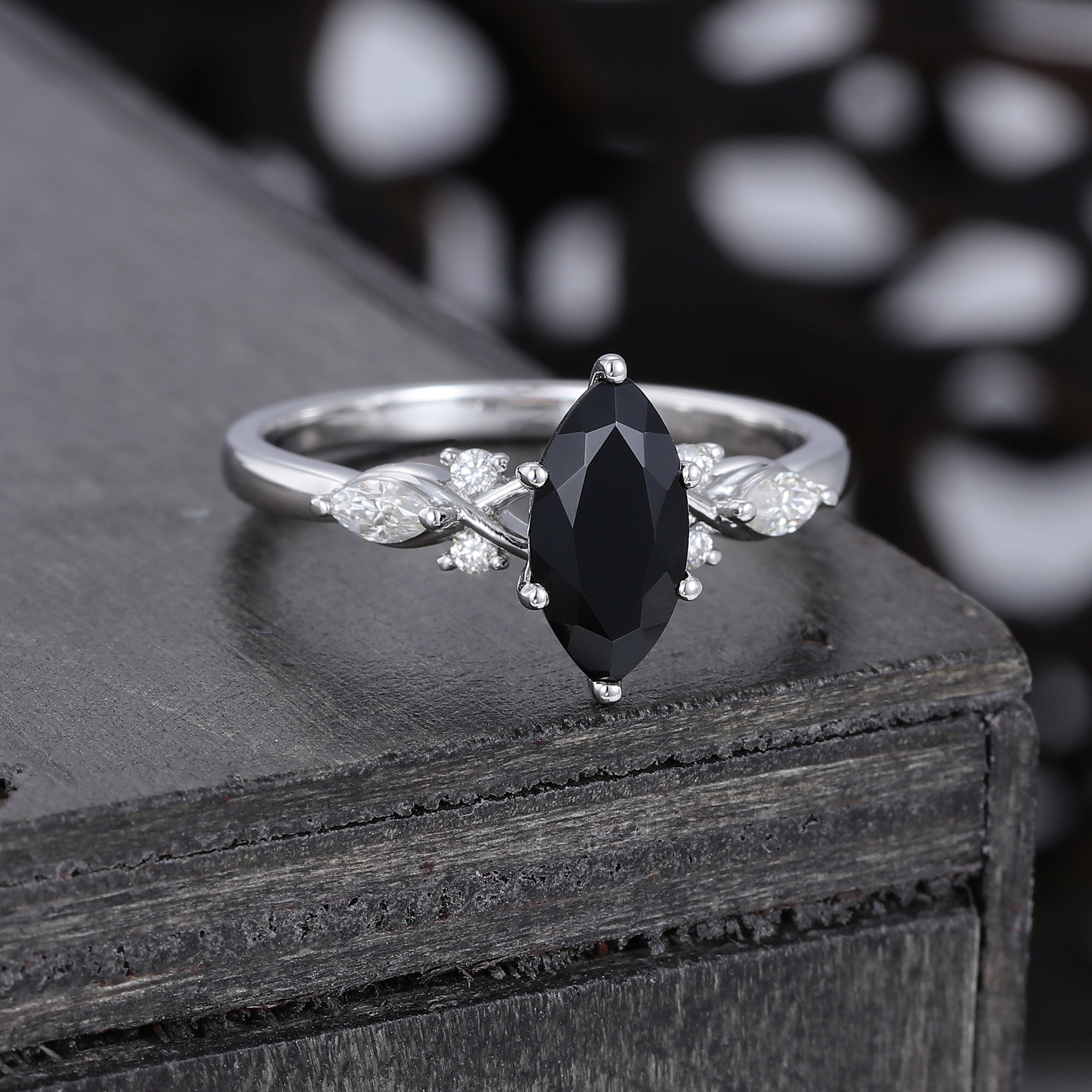 1CT Marquise Cut Black Onyx Art Deco Engagement Ring