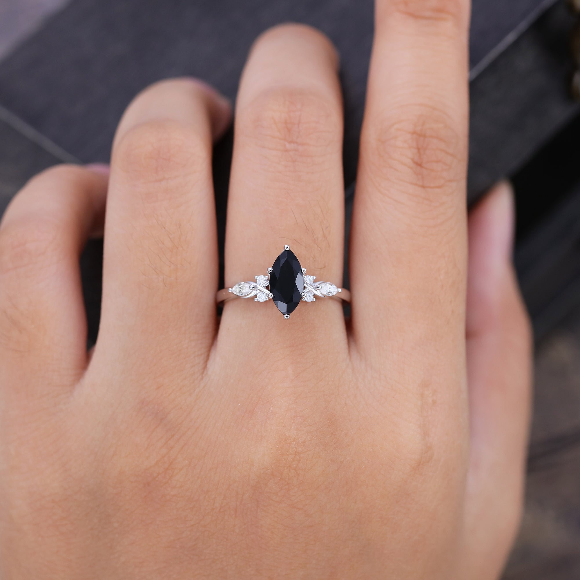 1CT Marquise Cut Black Onyx Art Deco Engagement Ring