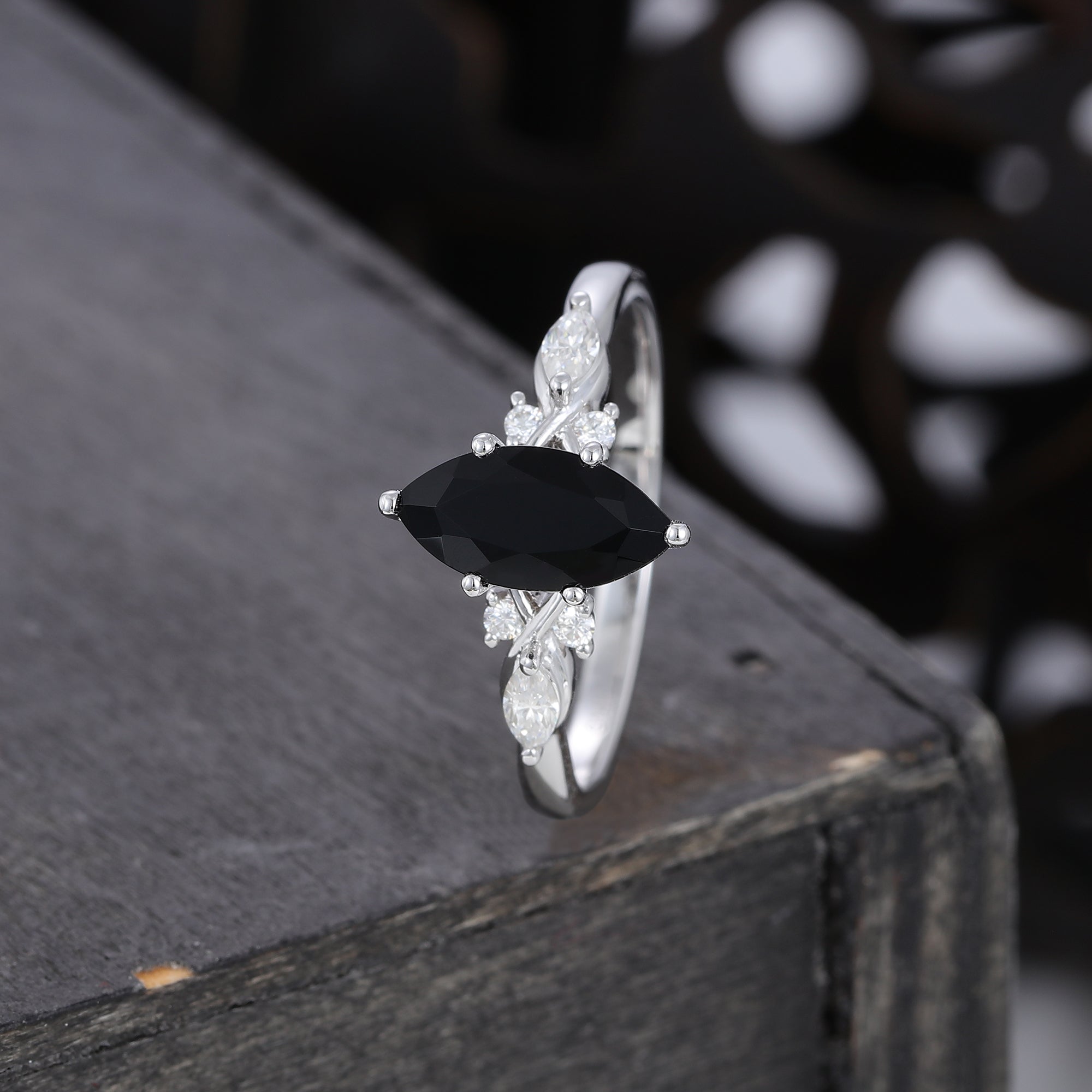 1CT Marquise Cut Black Onyx Art Deco Engagement Ring