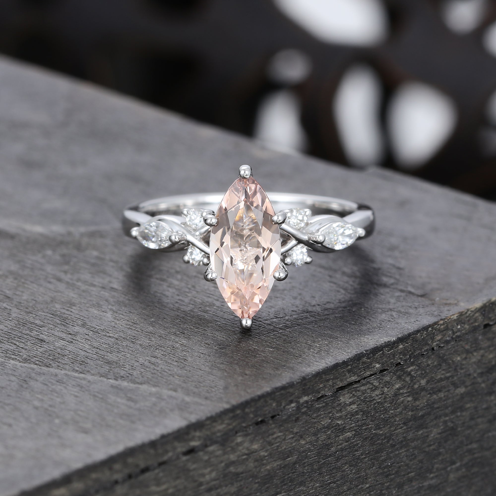 1CT Marquise Cut Morganite Art Deco Engagement Ring