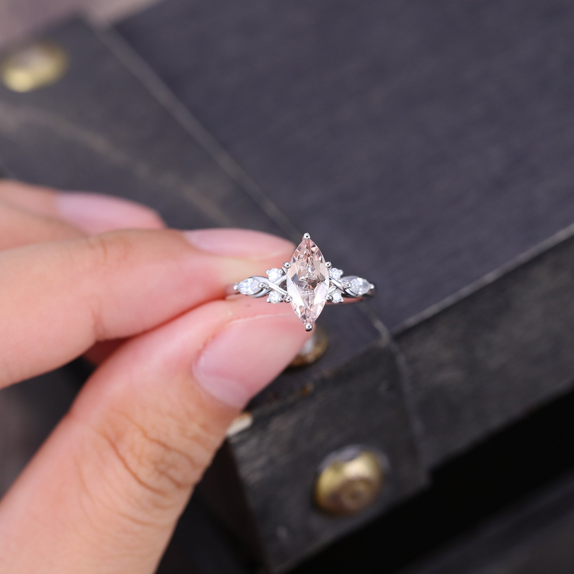 1CT Marquise Cut Morganite Art Deco Engagement Ring
