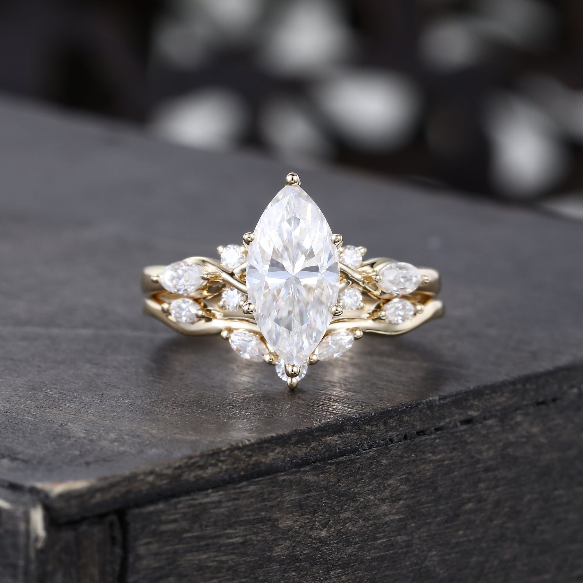Marquise Cut Moissanite Art Deco Bridal Ring Set