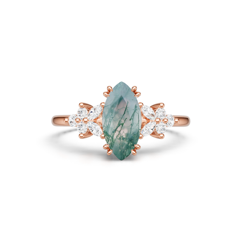 Marquise Cut Moss Agate Promise Ring With Blossom Moissanite Accents