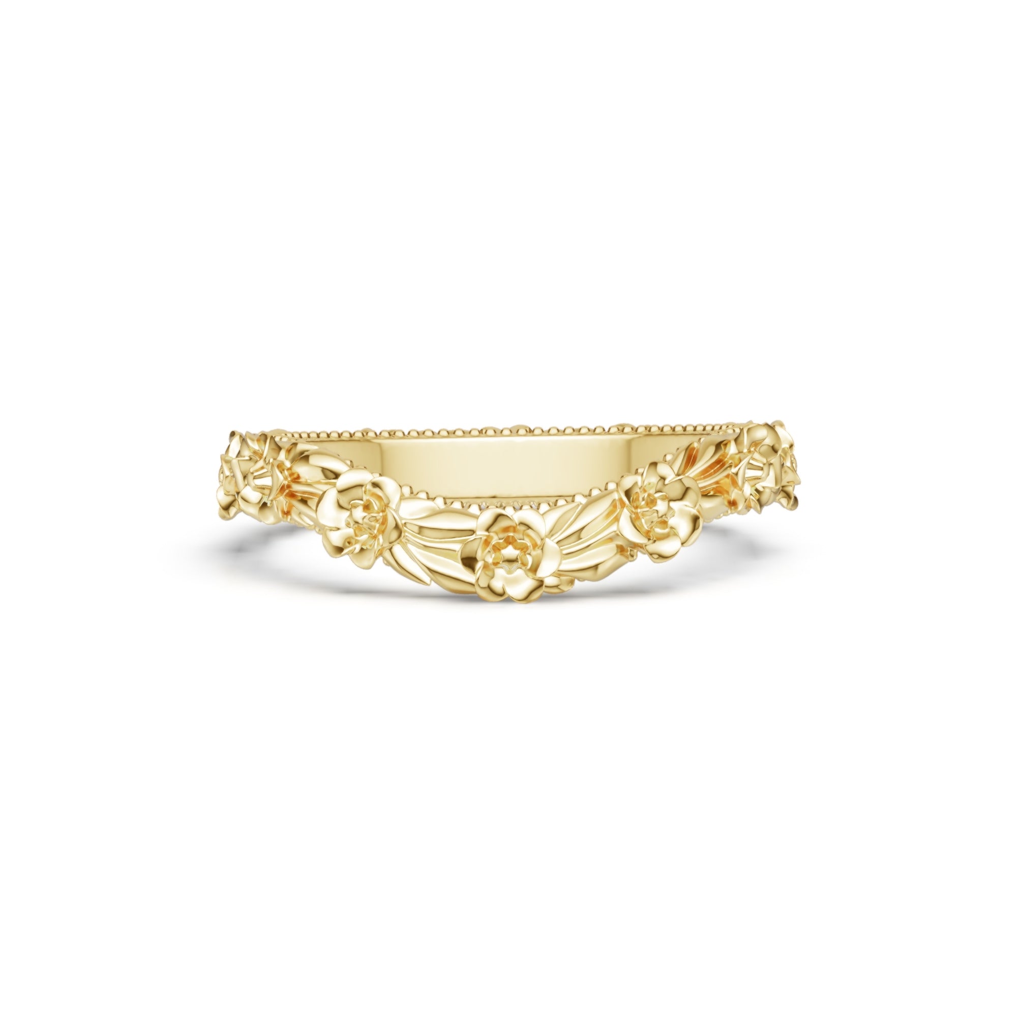 Vintage Curved Floral Wedding Band in Yellow Gold