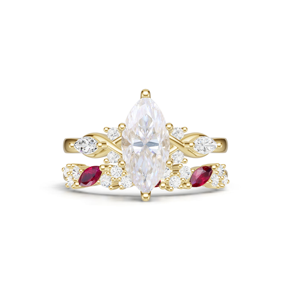 Marquise Cut Moissanite Engagement Ring Set Ruby Accent Bridal Set