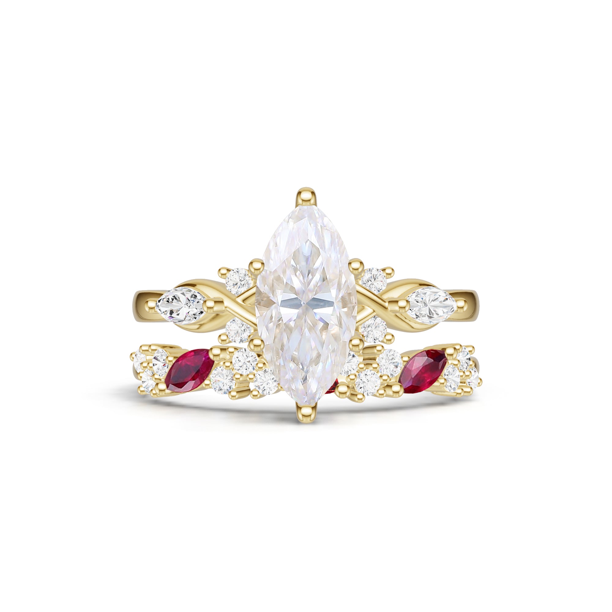 Marquise Cut Moissanite Engagement Ring Set Ruby Accent Bridal Set