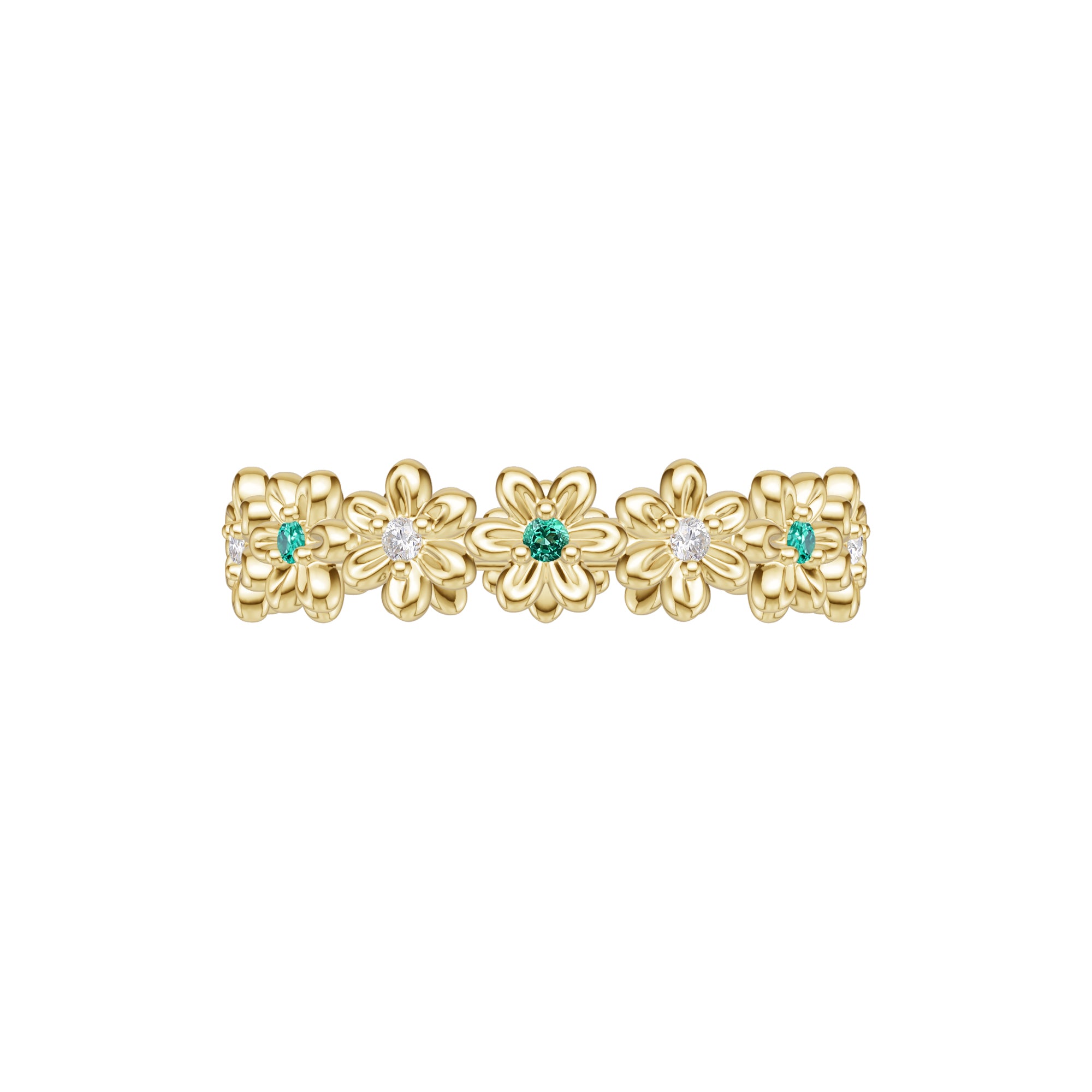 Vintage Emerald & Moissanite Wedding band Unique Yellow Gold Flower ring