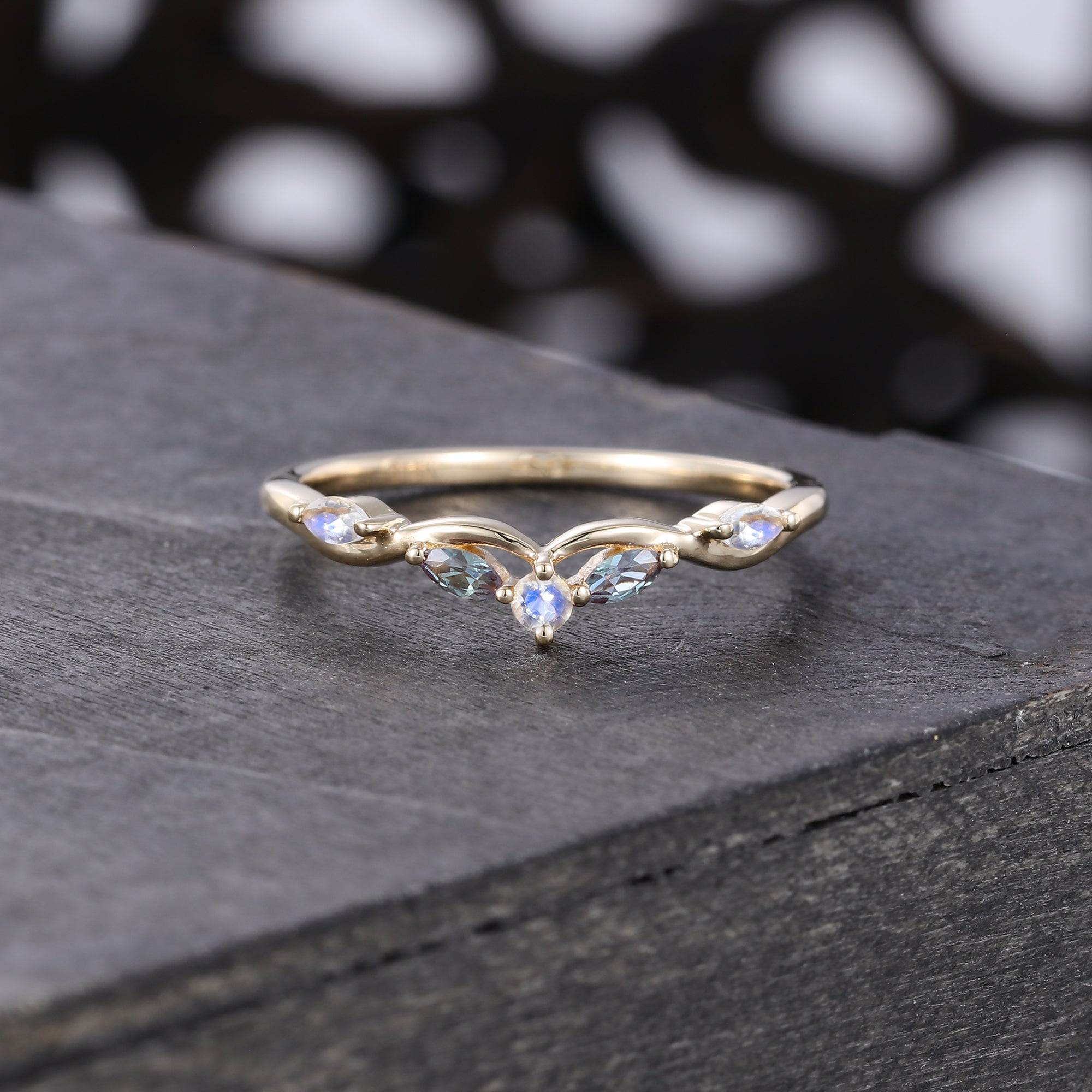 Alternating Alexandrite & Moonstone Curved Wedding Band