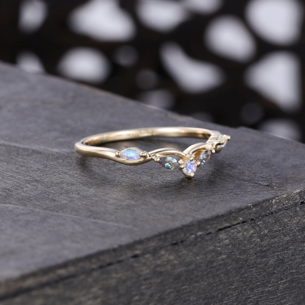 Alternating Alexandrite & Moonstone Curved Wedding Band