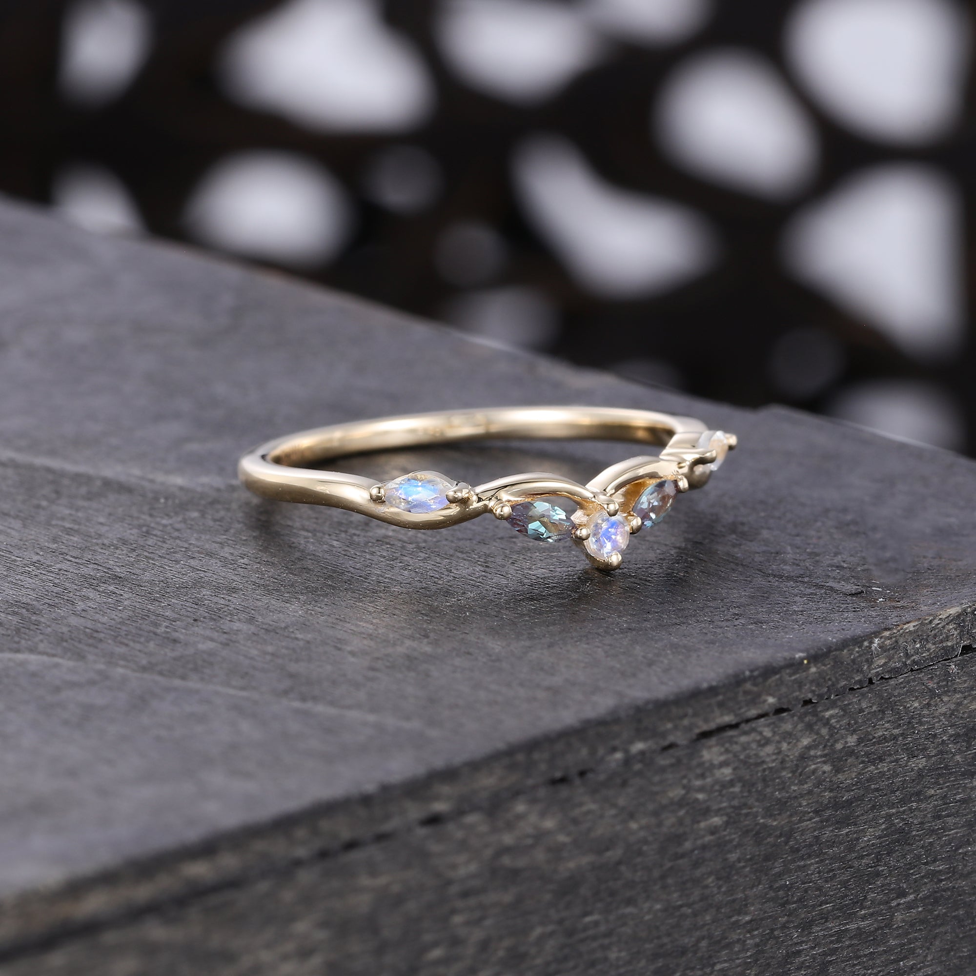 Alternating Alexandrite & Moonstone Curved Wedding Band