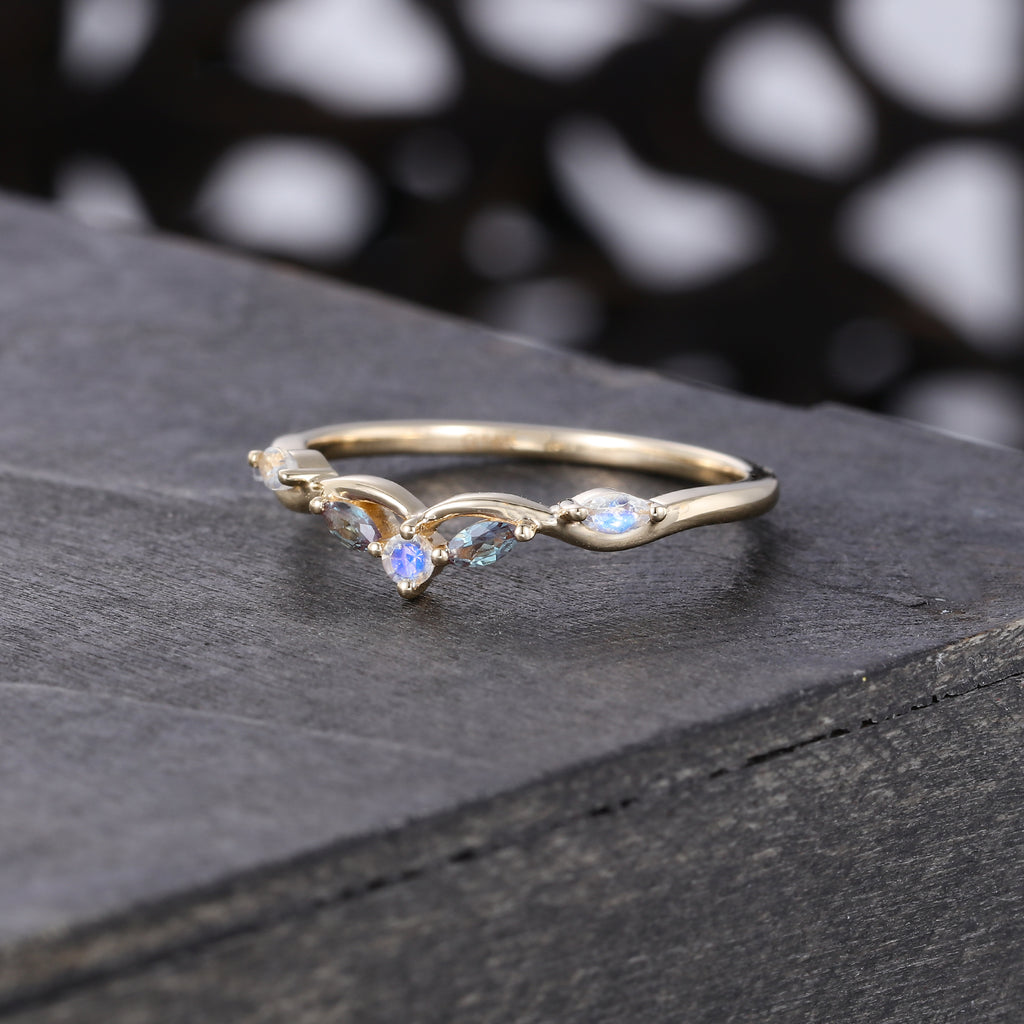 Alternating Alexandrite & Moonstone Curved Wedding Band
