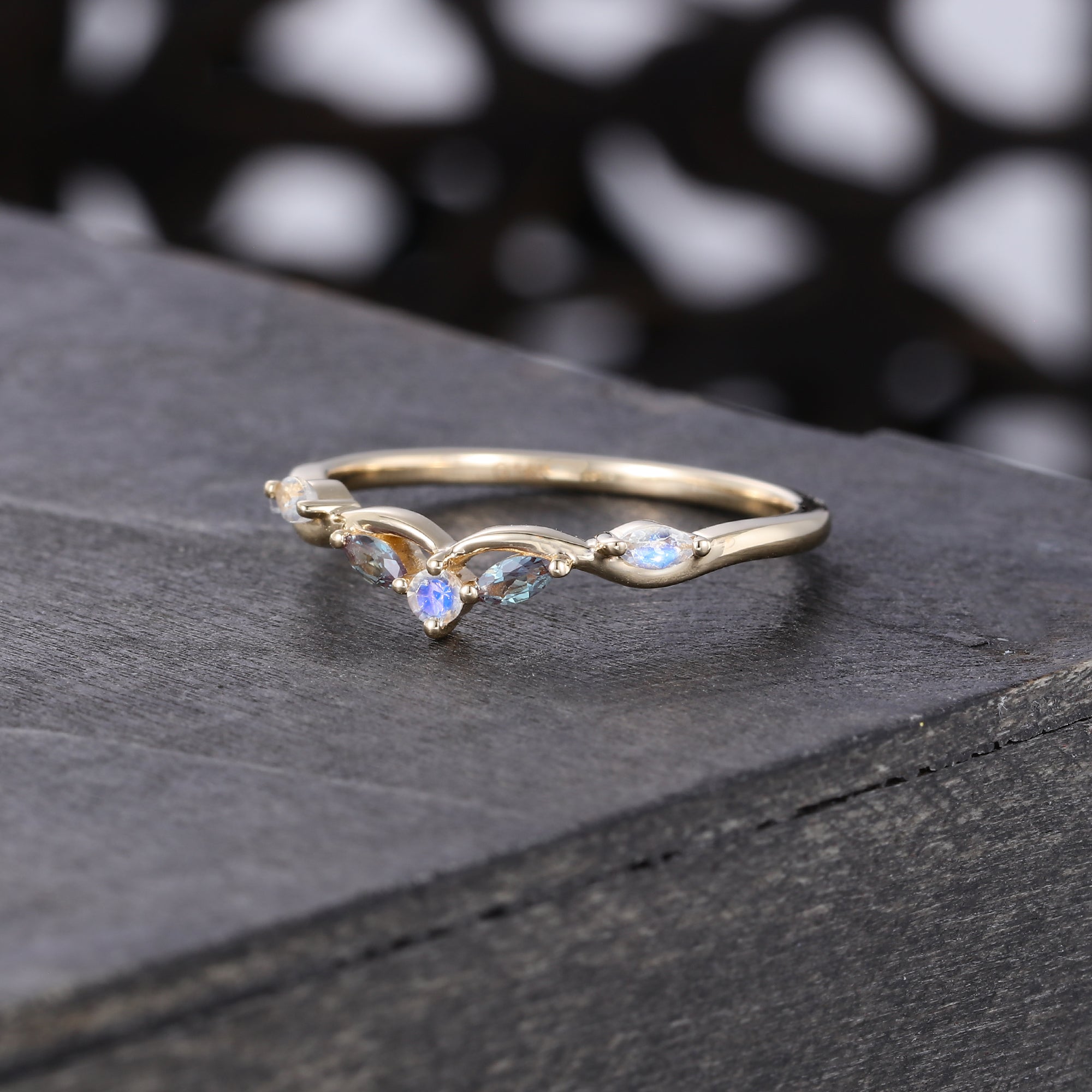 Alternating Alexandrite & Moonstone Curved Wedding Band