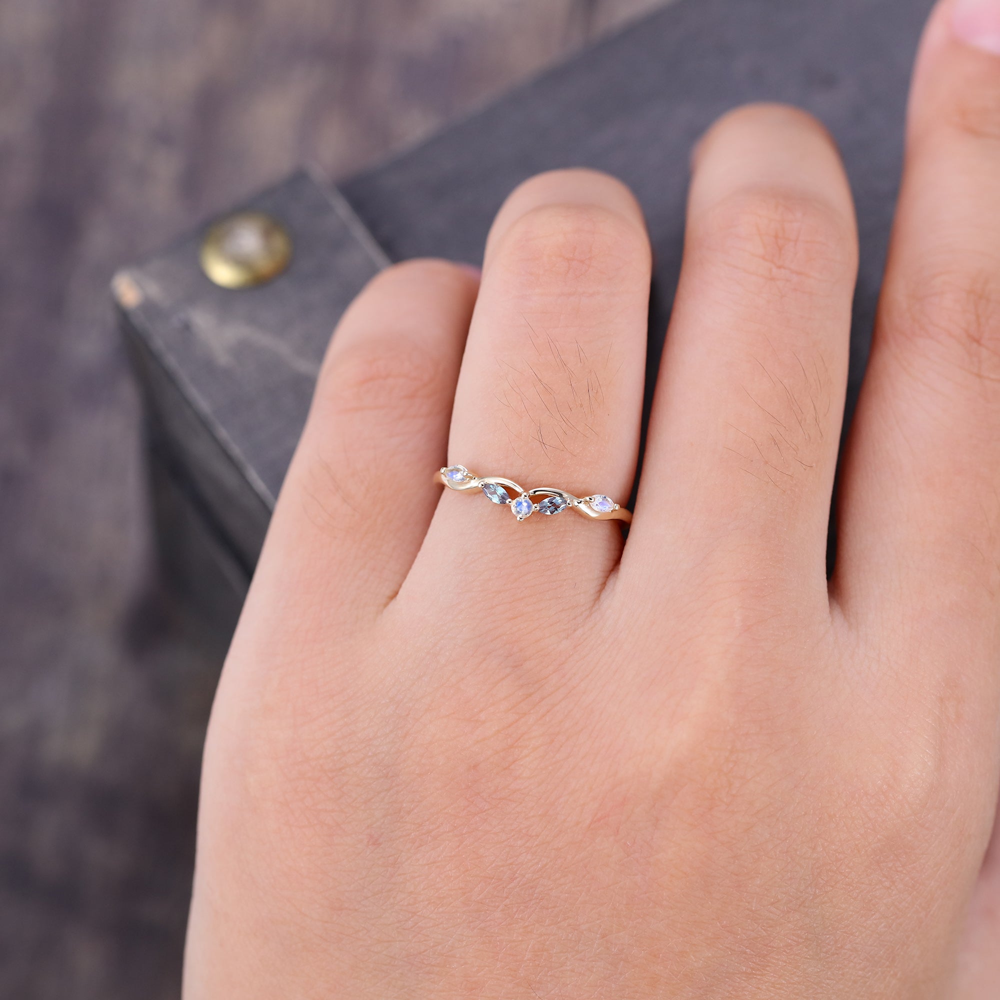 Alternating Alexandrite & Moonstone Curved Wedding Band