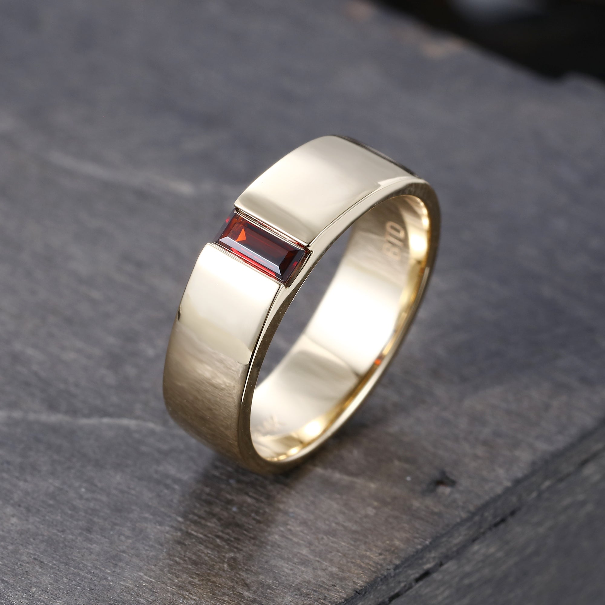 Baguette Cut Lab Ruby 5mm Flat Band Gender Neutral Wedding Ring