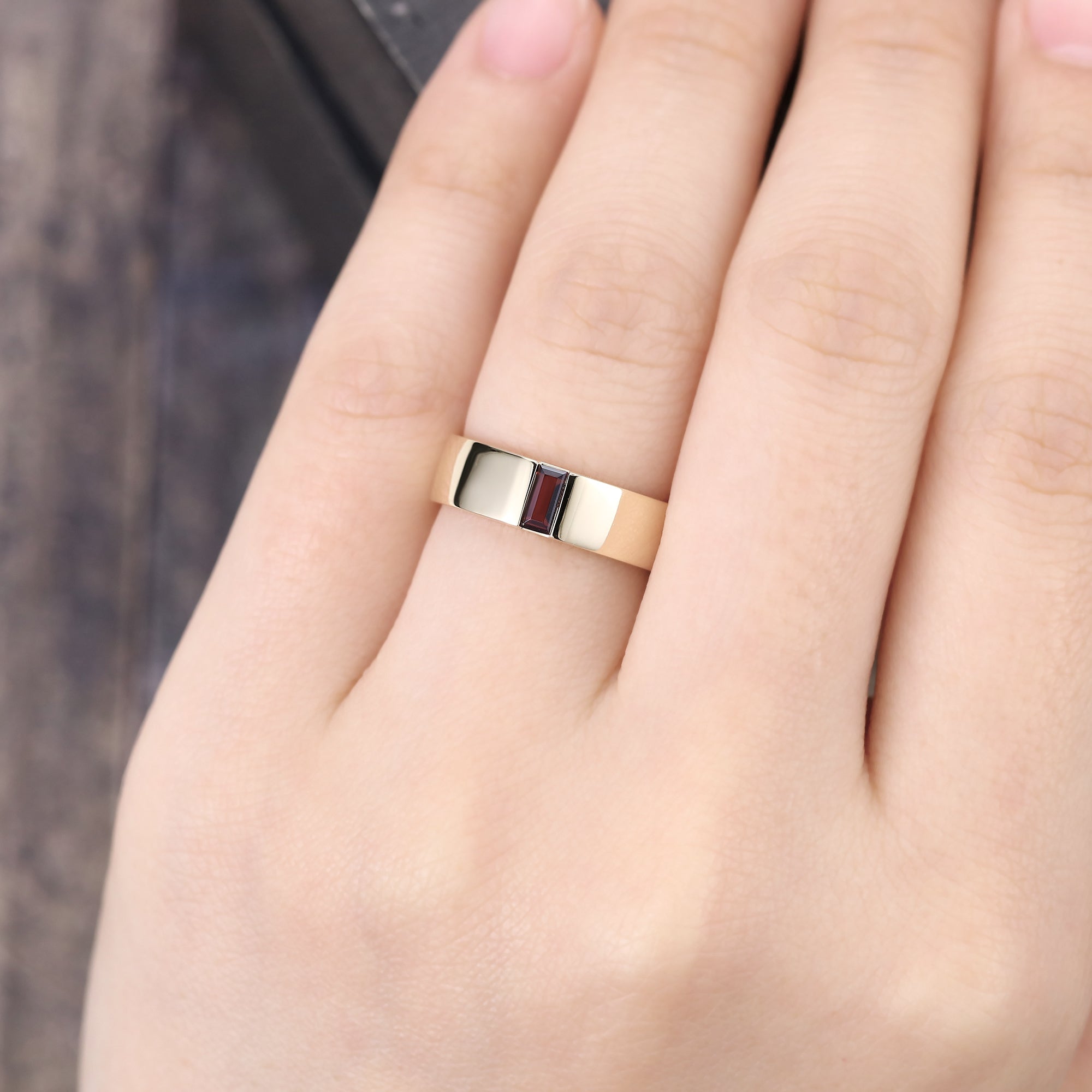 Baguette Cut Lab Ruby 5mm Flat Band Gender Neutral Wedding Ring