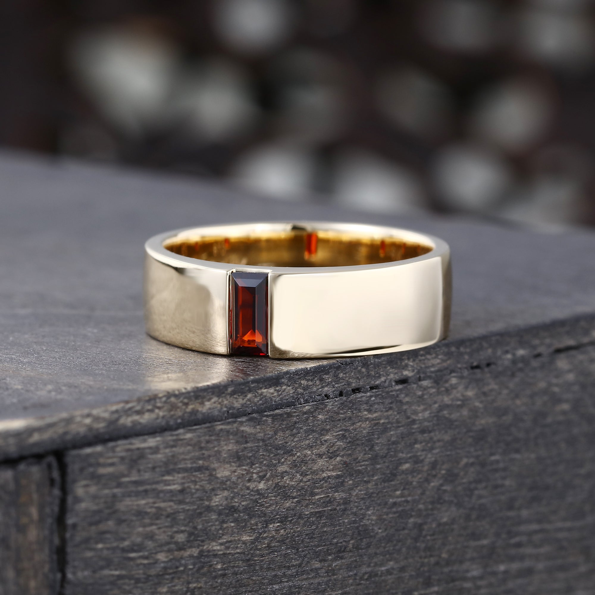Baguette Cut Lab Ruby 5mm Flat Band Gender Neutral Wedding Ring