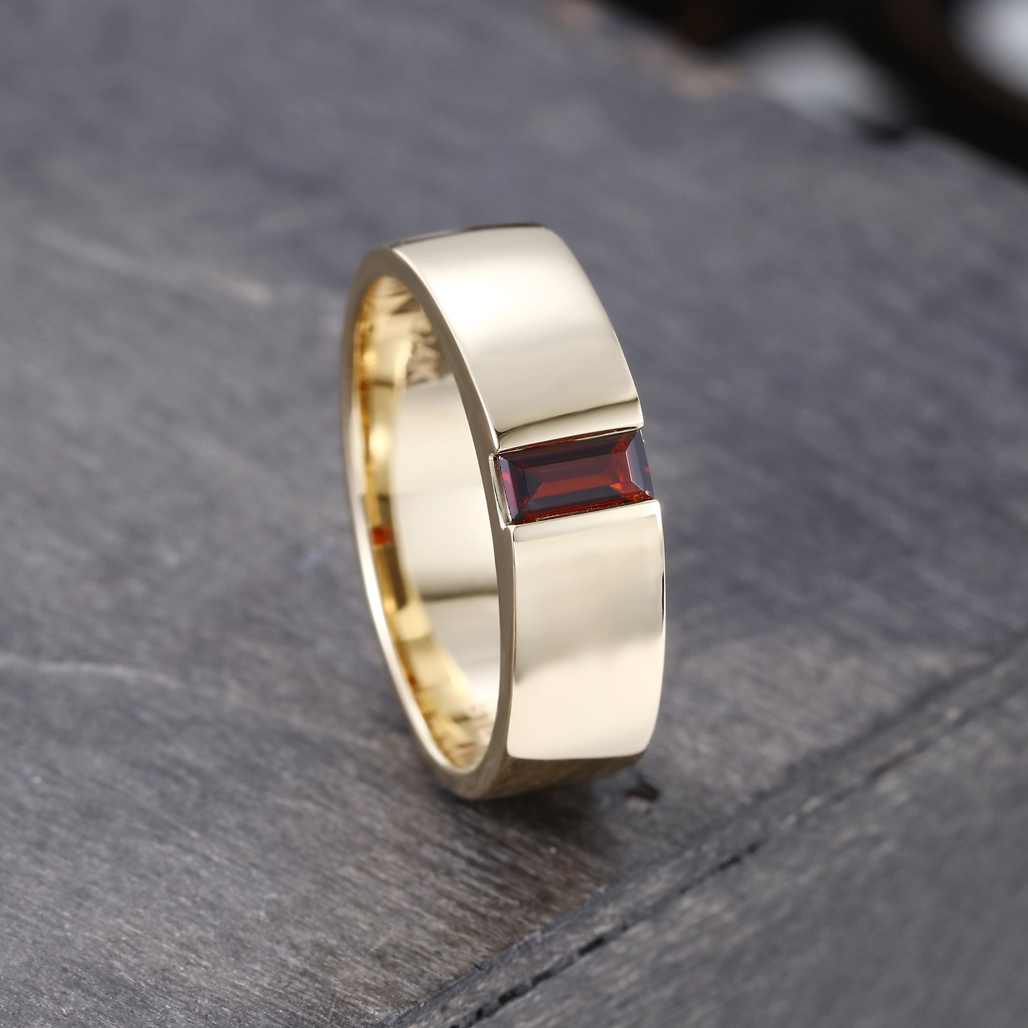 Baguette Cut Lab Ruby 5mm Flat Band Gender Neutral Wedding Ring