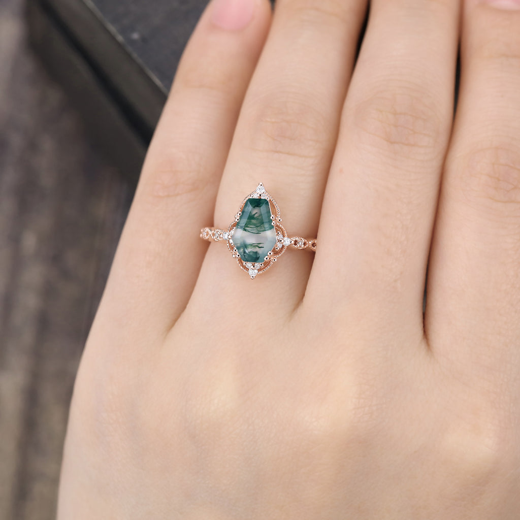 Coffin Shaped Moss Agate Engagement Ring Milgrain Lace Halo Promise Ring