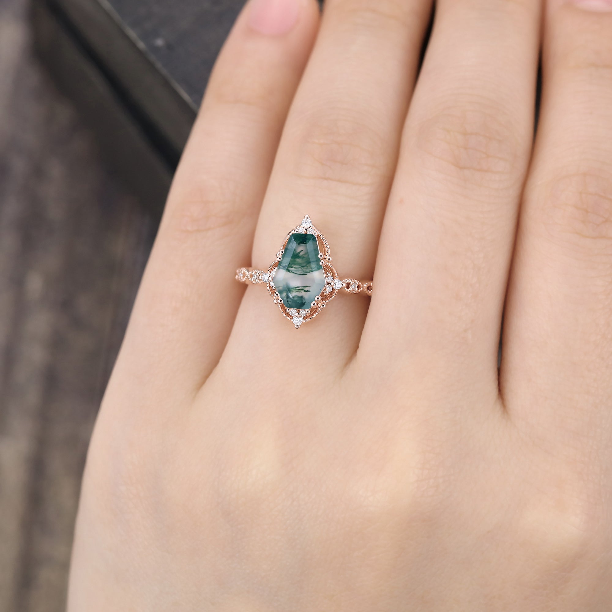 Coffin Shaped Moss Agate Engagement Ring Milgrain Lace Halo Promise Ring