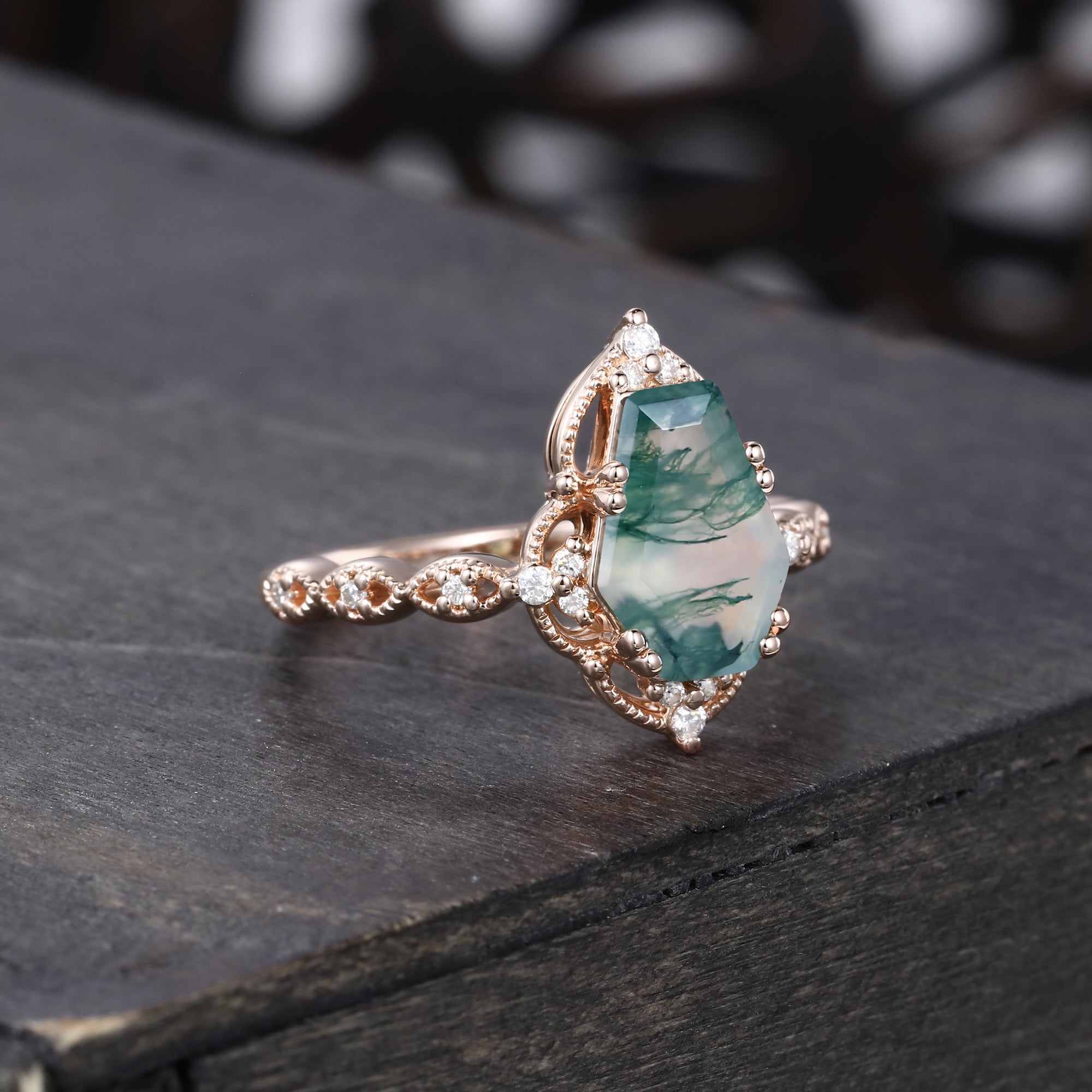 Coffin Shaped Moss Agate Engagement Ring Milgrain Lace Halo Promise Ring