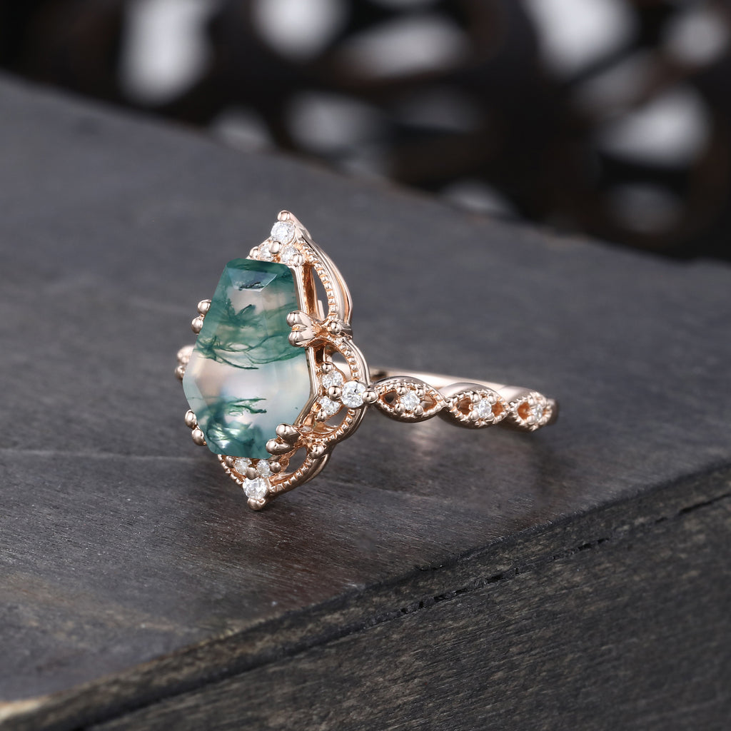Coffin Shaped Moss Agate Engagement Ring Milgrain Lace Halo Promise Ring