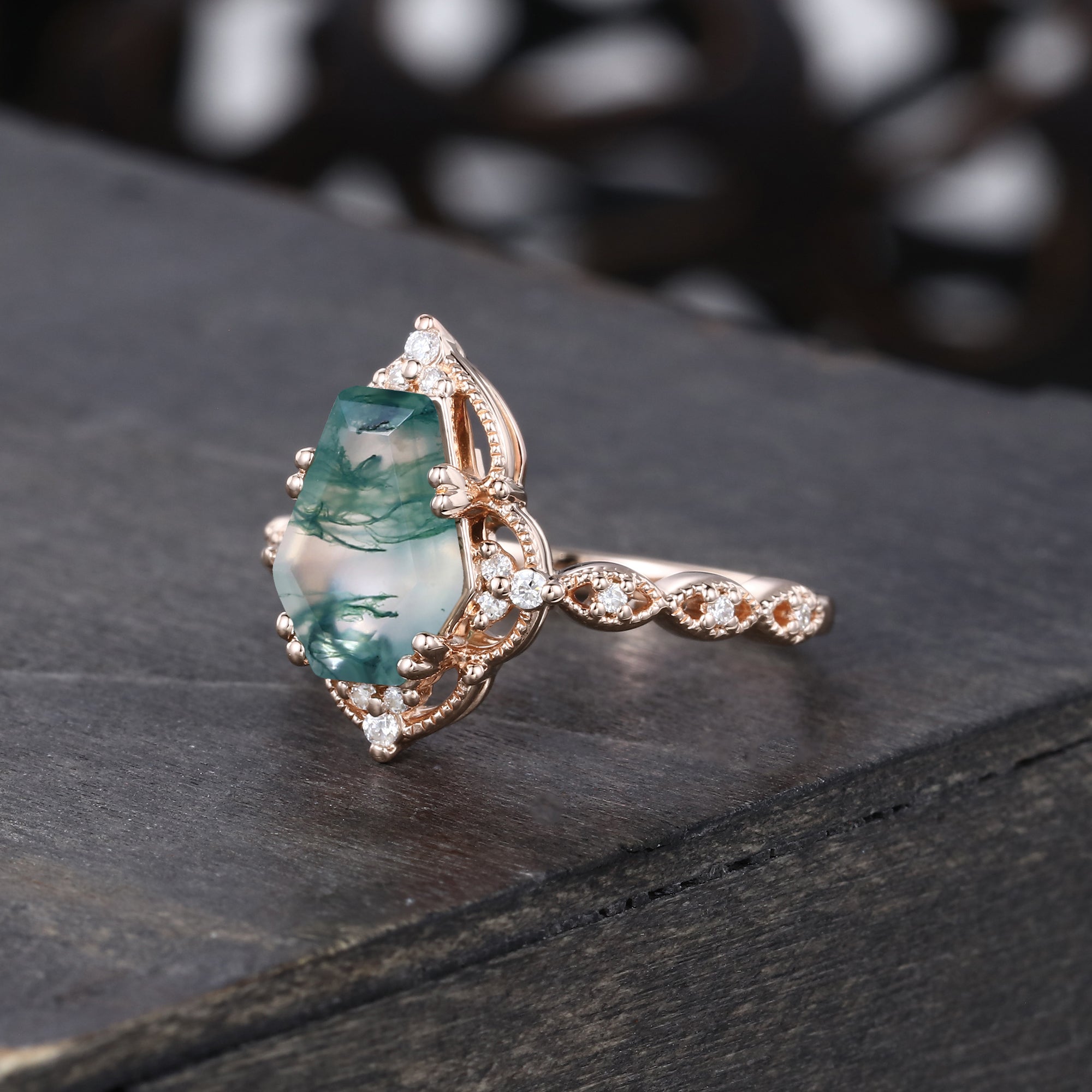 Coffin Shaped Moss Agate Engagement Ring Milgrain Lace Halo Promise Ring