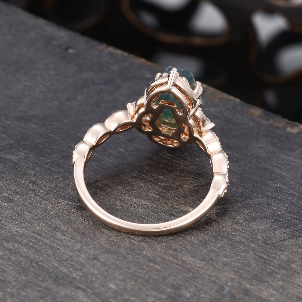 Coffin Shaped Moss Agate Engagement Ring Milgrain Lace Halo Promise Ring