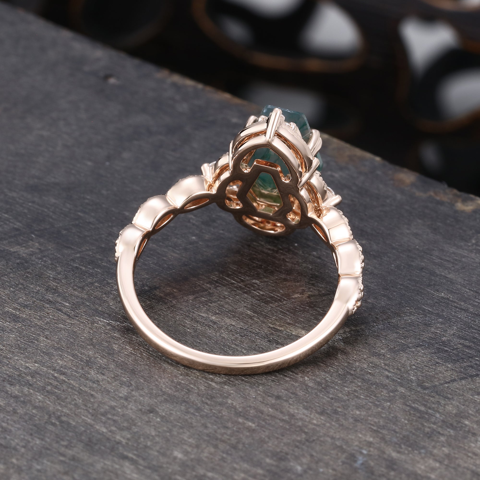 Coffin Shaped Moss Agate Engagement Ring Milgrain Lace Halo Promise Ring
