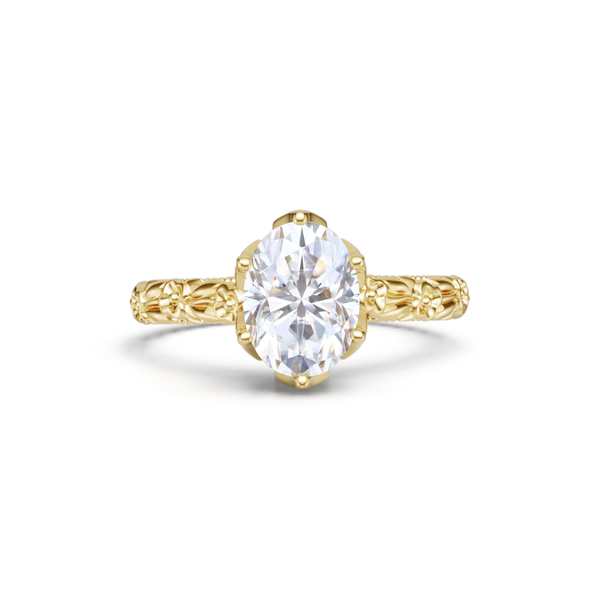 Oval Cut Moissanite Hidden Halo Pave Engagement Ring with Floral Band