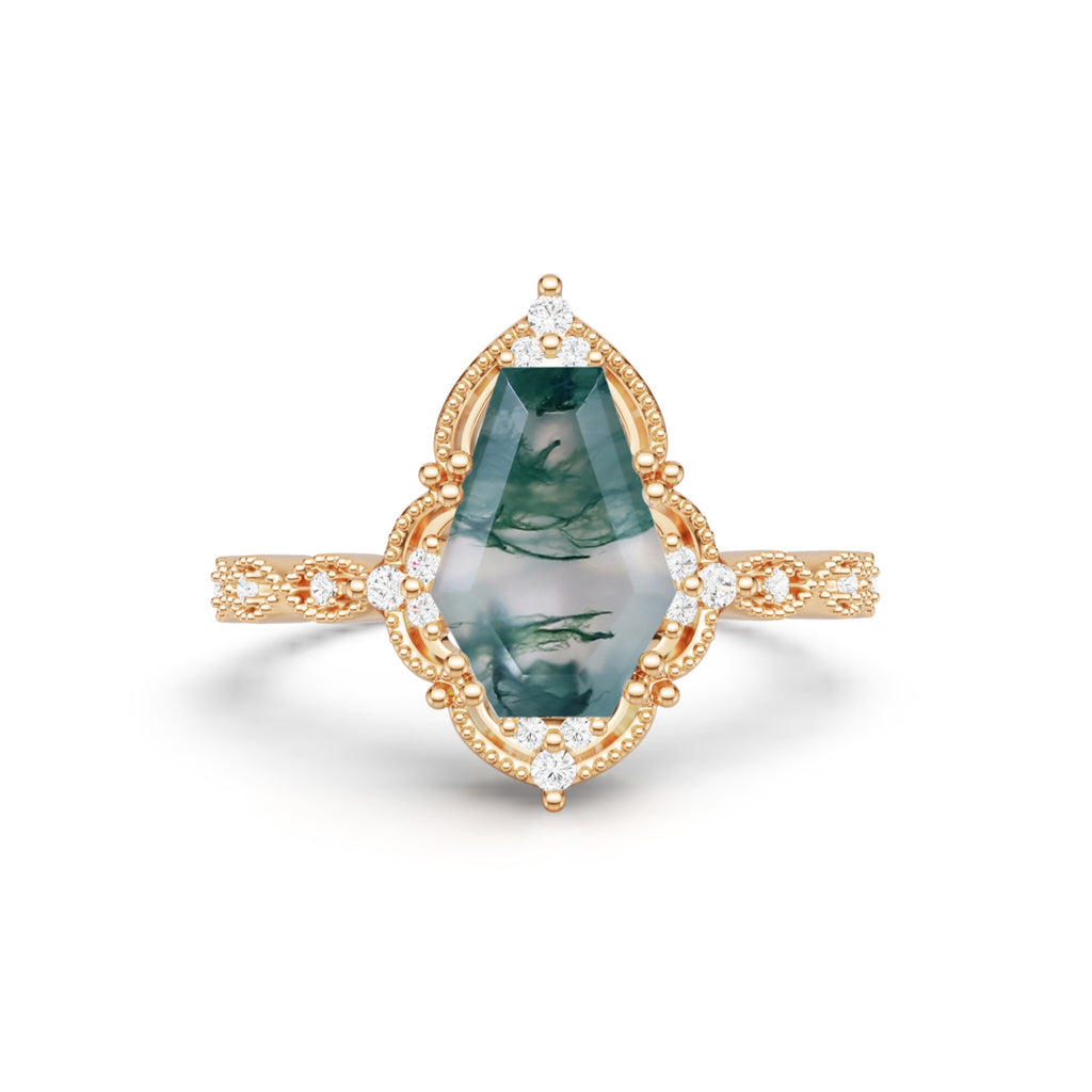 Coffin Shaped Moss Agate Engagement Ring Milgrain Lace Halo Promise Ring