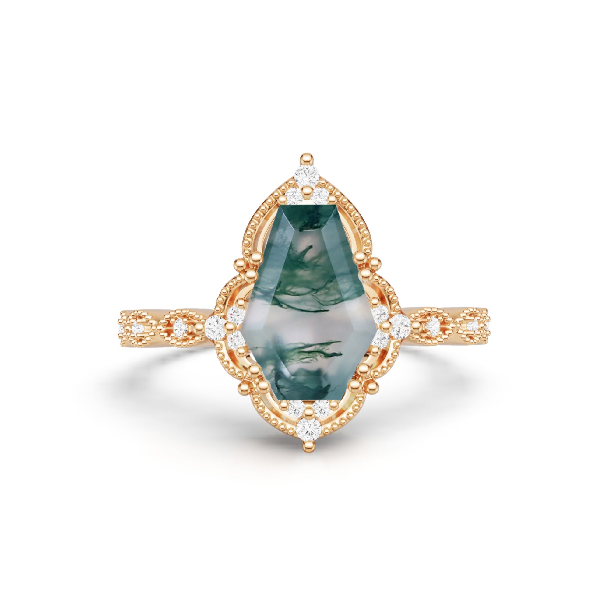 Coffin Shaped Moss Agate Engagement Ring Milgrain Lace Halo Promise Ring