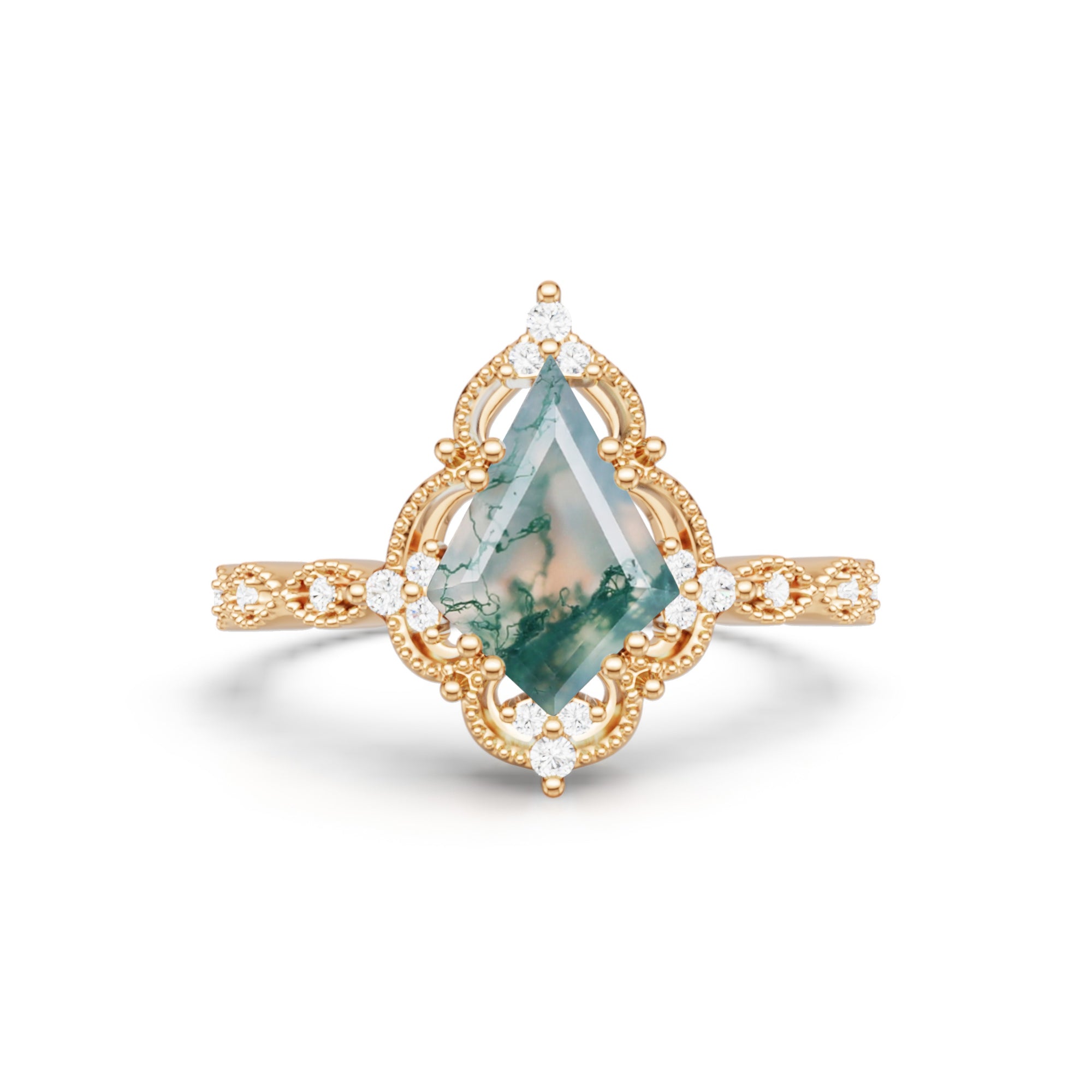 Kite Cut Moss Agate Engagement Ring Milgrain Lace Halo Promise Ring