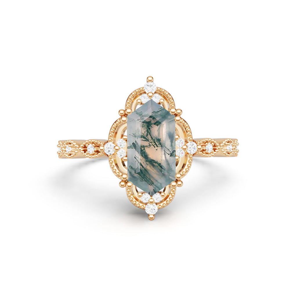Long Hexagon Moss Agate Engagement Ring Milgrain Lace Halo Promise Ring