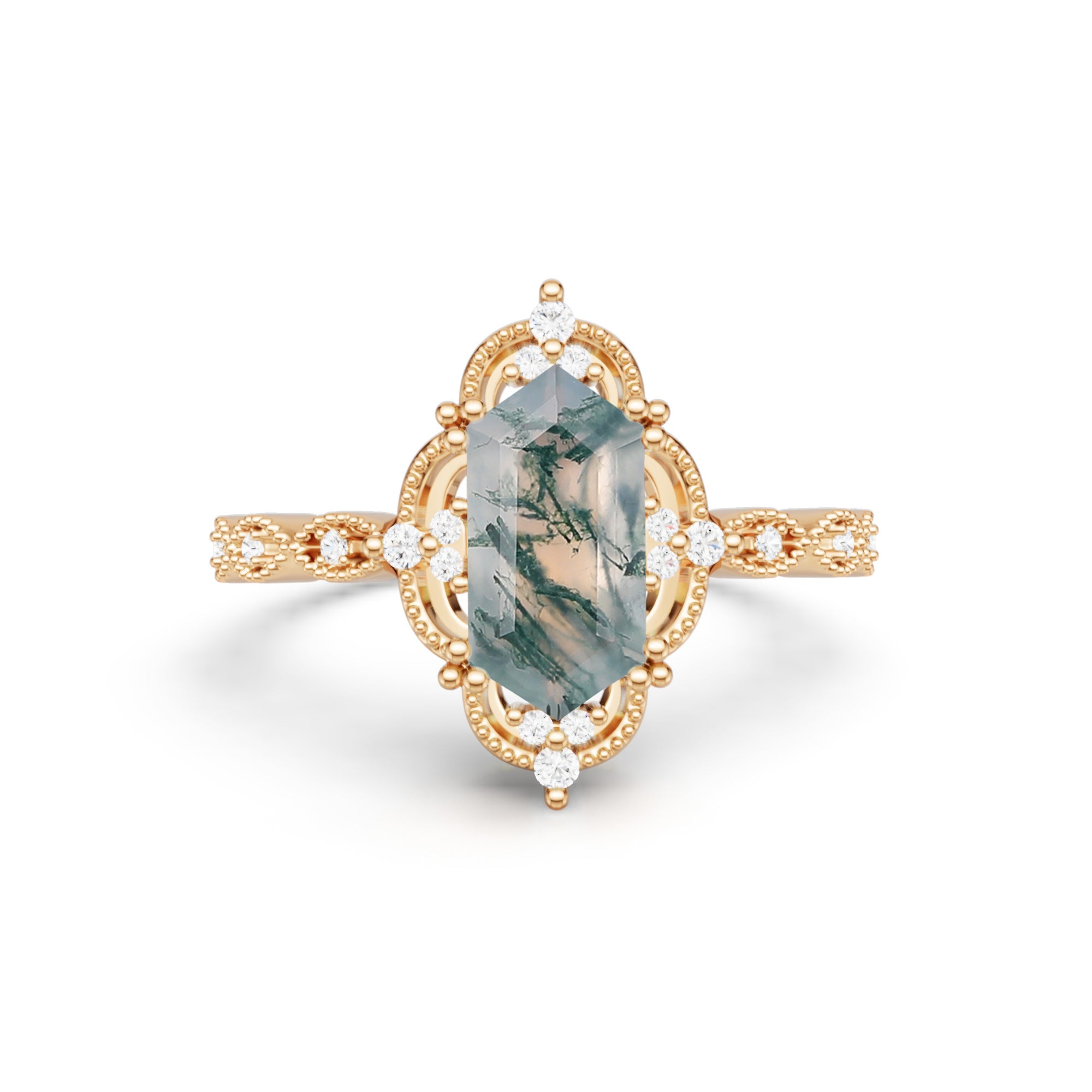 Long Hexagon Moss Agate Engagement Ring Milgrain Lace Halo Promise Ring