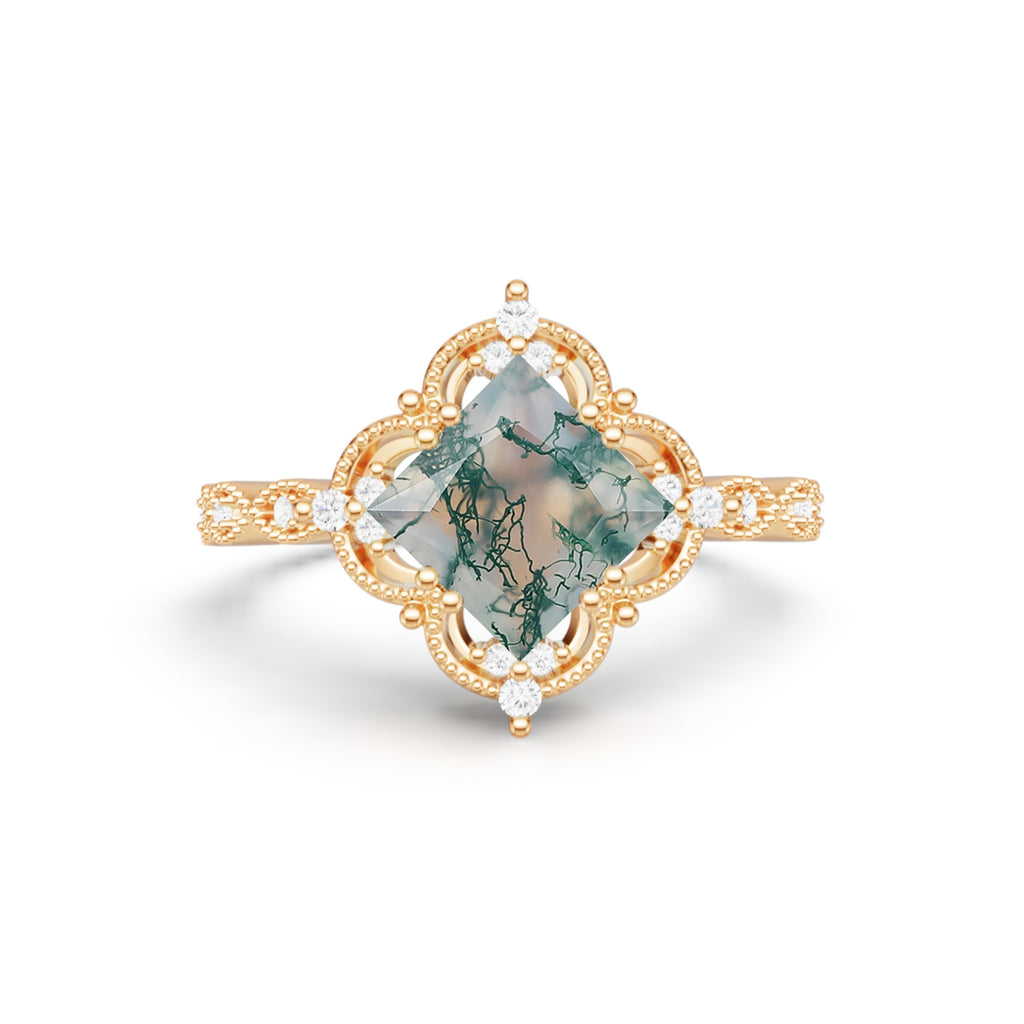 Princess Cut Moss Agate Engagement Ring Milgrain Lace Halo Promise Ring