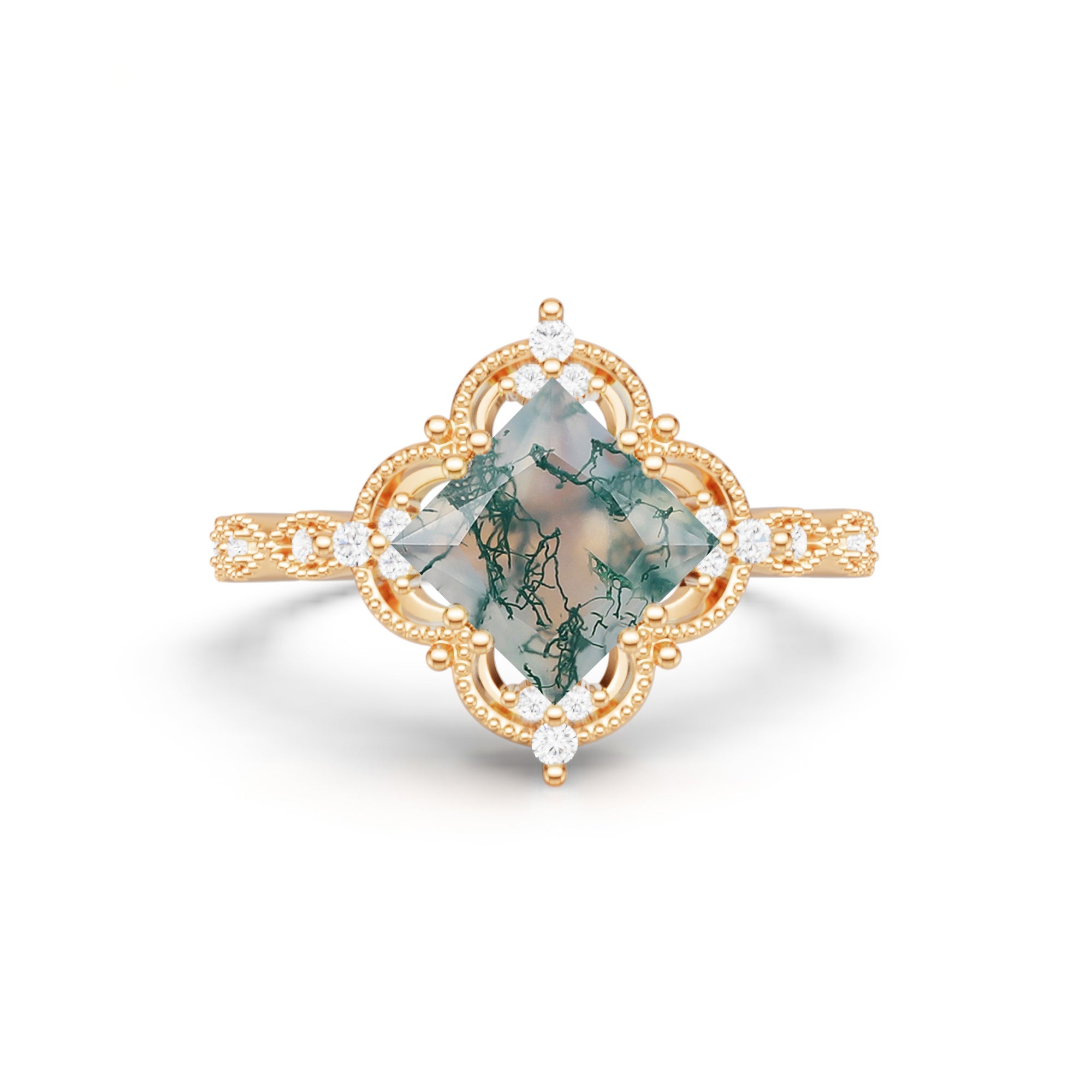 Princess Cut Moss Agate Engagement Ring Milgrain Lace Halo Promise Ring