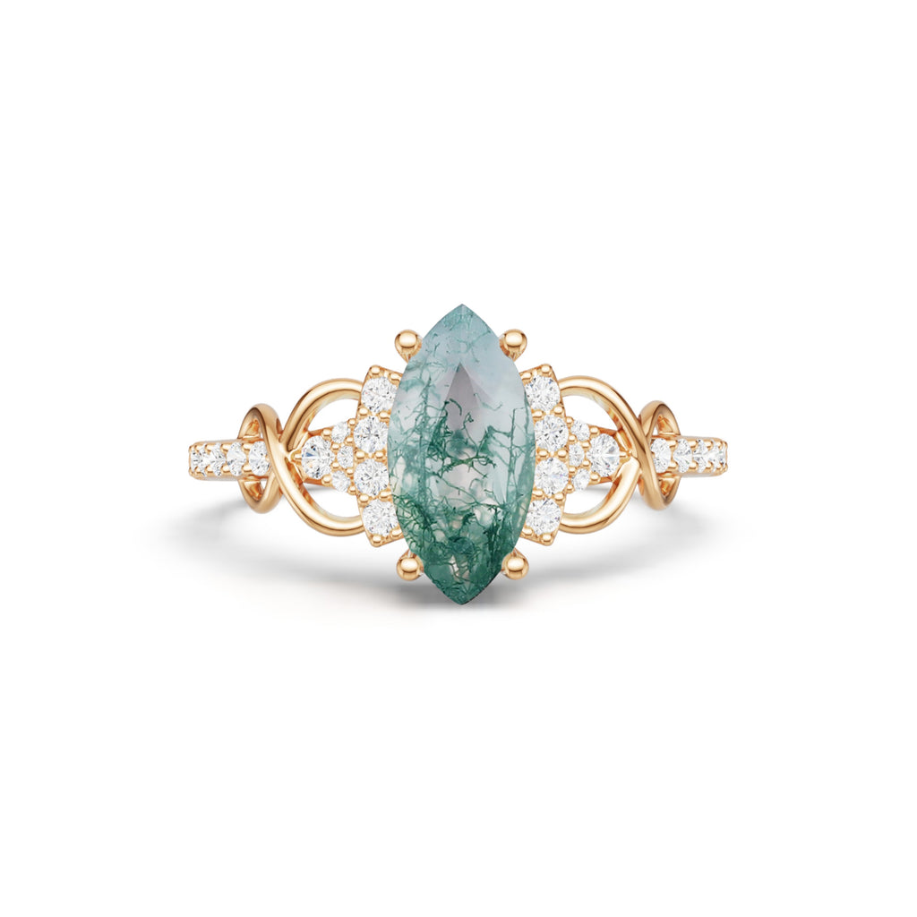 Marquise Cut Moss Agate Infinity Pavé Engagement Ring
