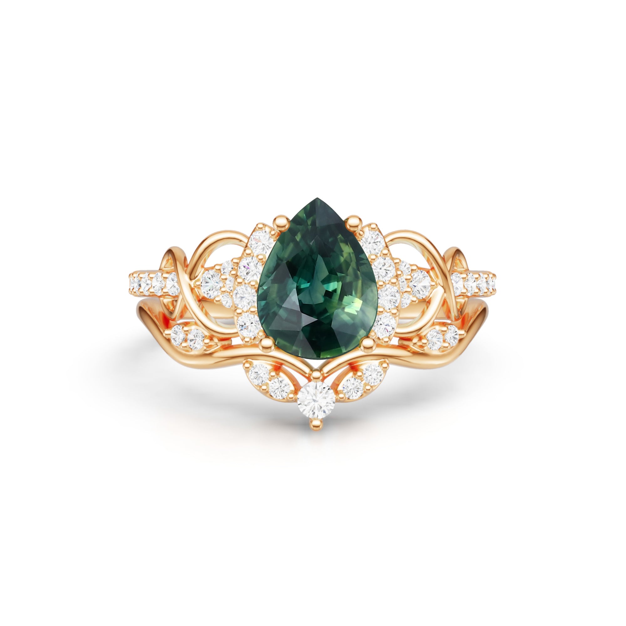 Pear Cut Green Blue Sapphire Wedding Ring Infinity Bridal Ring Set