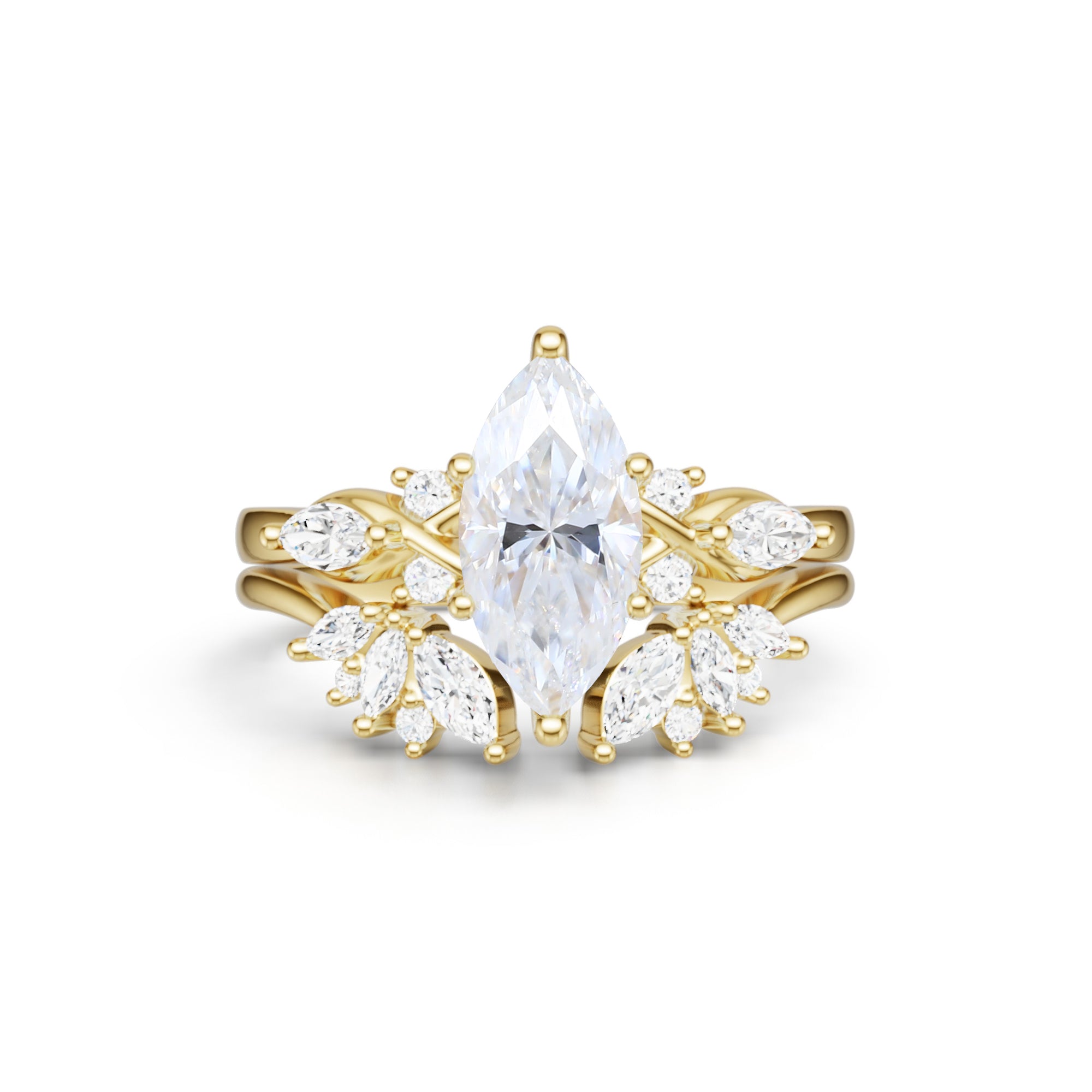 Unique Marquise Cut Moissanite Bridal Ring Set With Petal Band