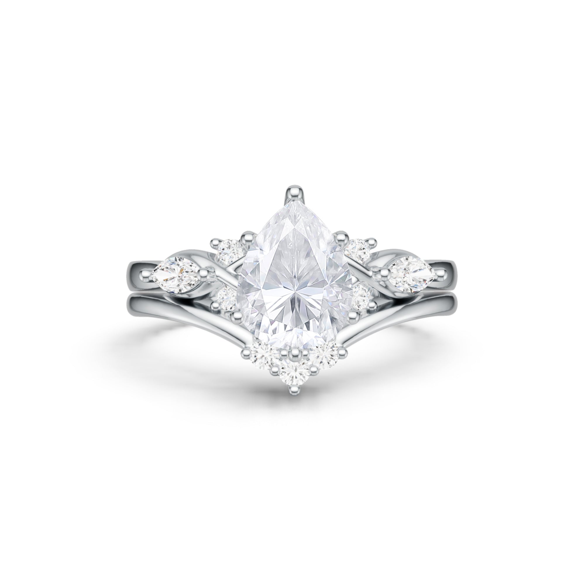 White Gold Pear Shaped Moissanite Art Deco Engagement Ring Set