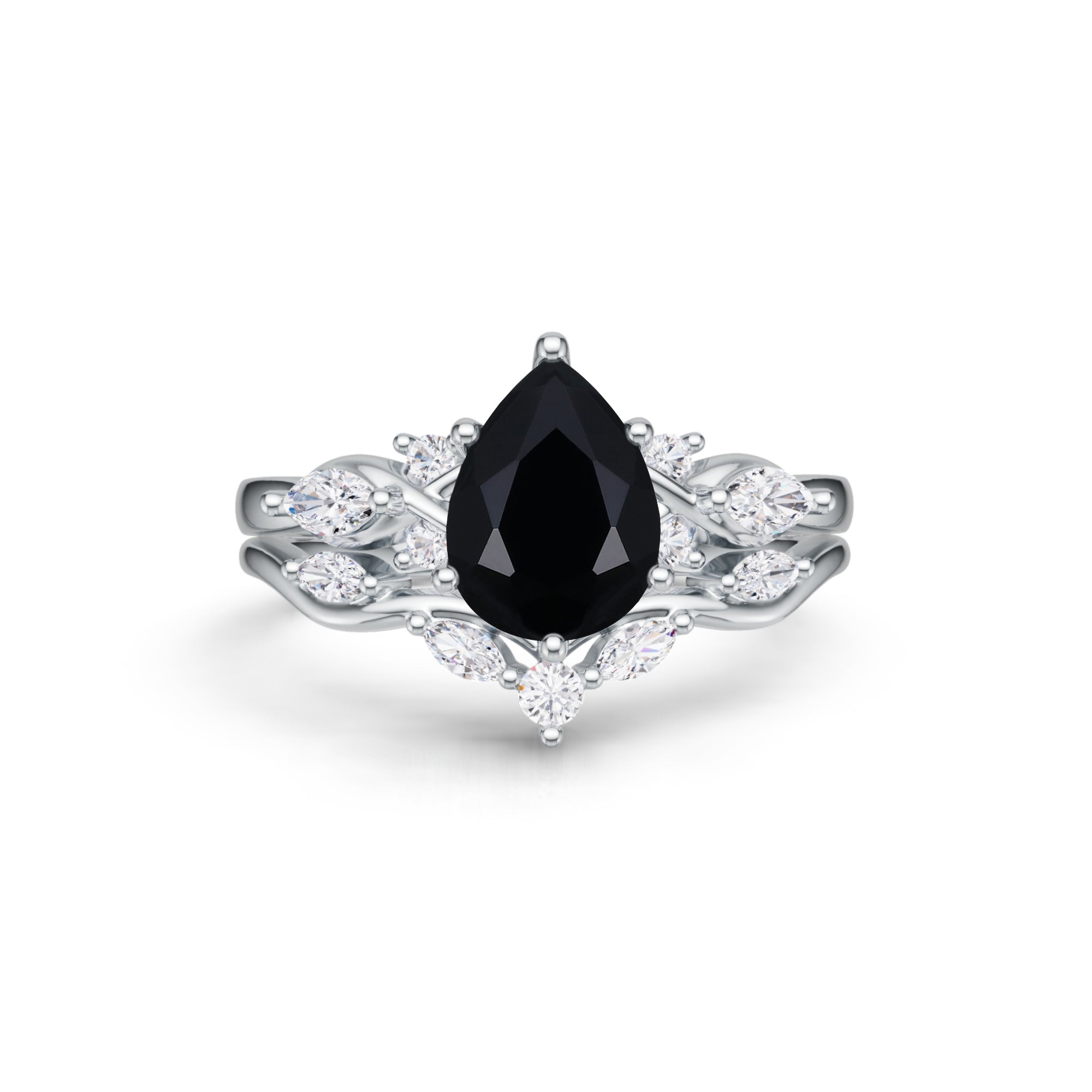 Pear Cut Black Onyx Wedding RingSet Art Deco Bridal Ring Set