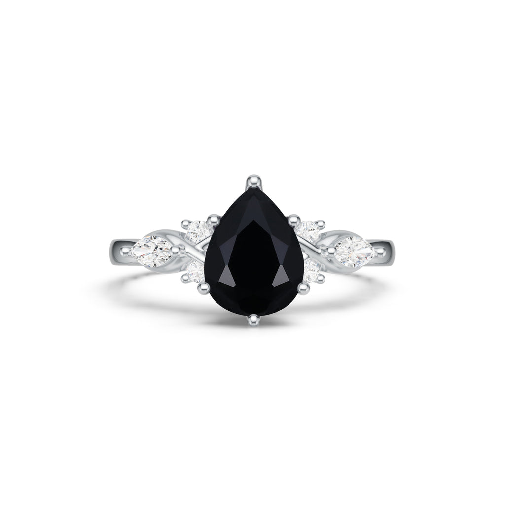 Pear Shaped Black Onyx Art Deco Engagement Ring Accented With Moissanite
