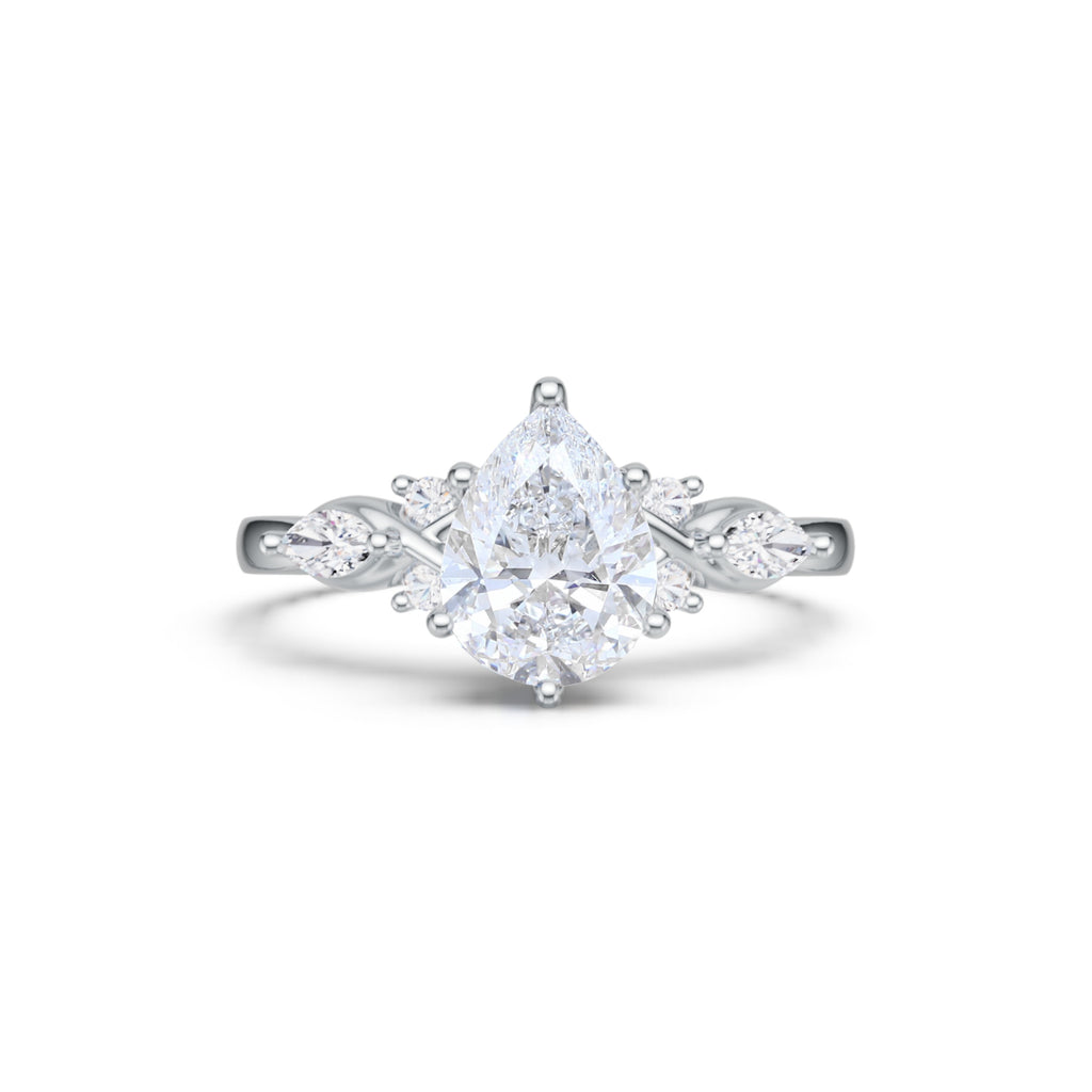 Pear Cut Lab Grown Diamond Unique Six Prong Engagement Ring in White Gold