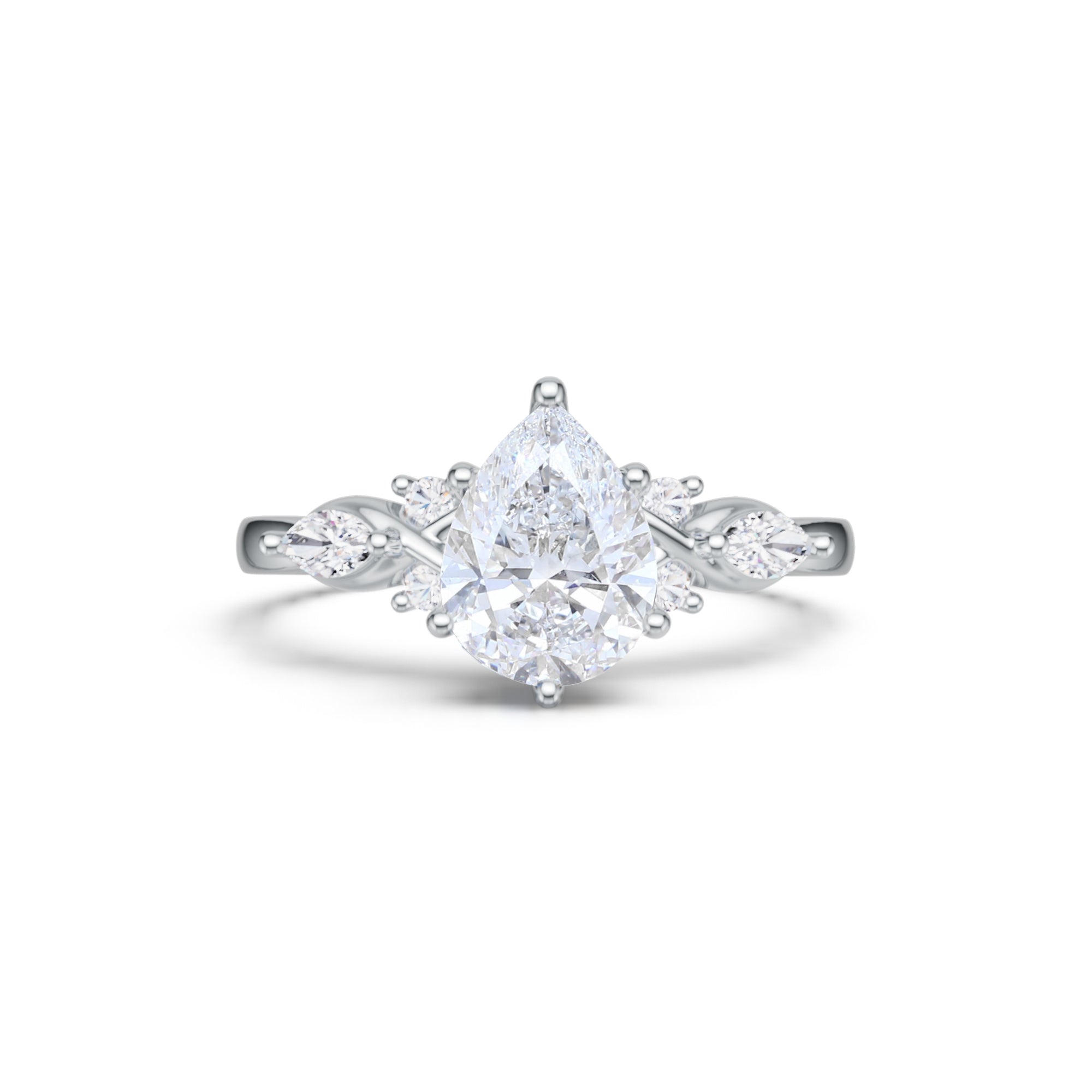 Pear Cut Lab Grown Diamond Unique Six Prong Engagement Ring in White Gold