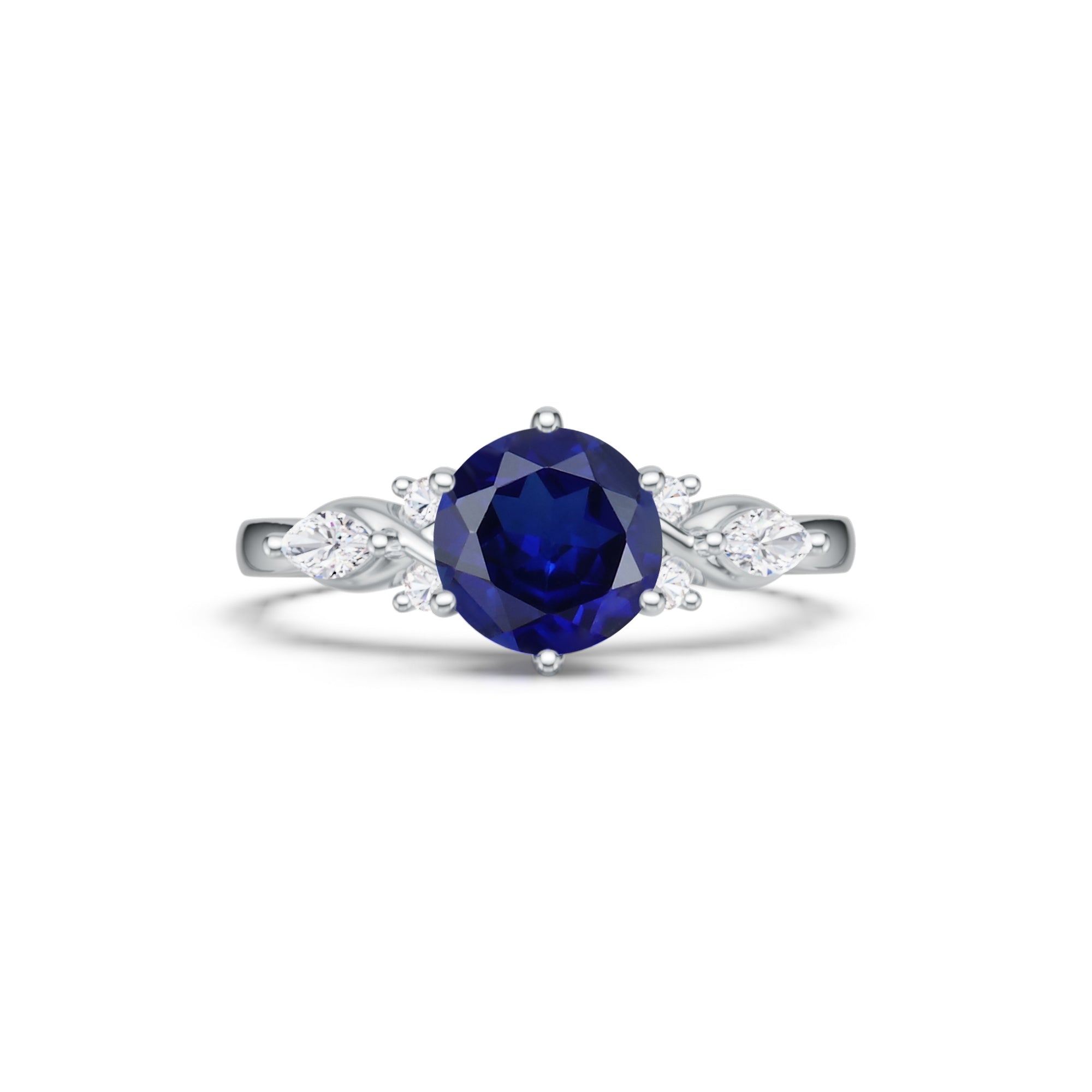 Round Sapphire Art Deco Engagement Ring Accented with Moissanite