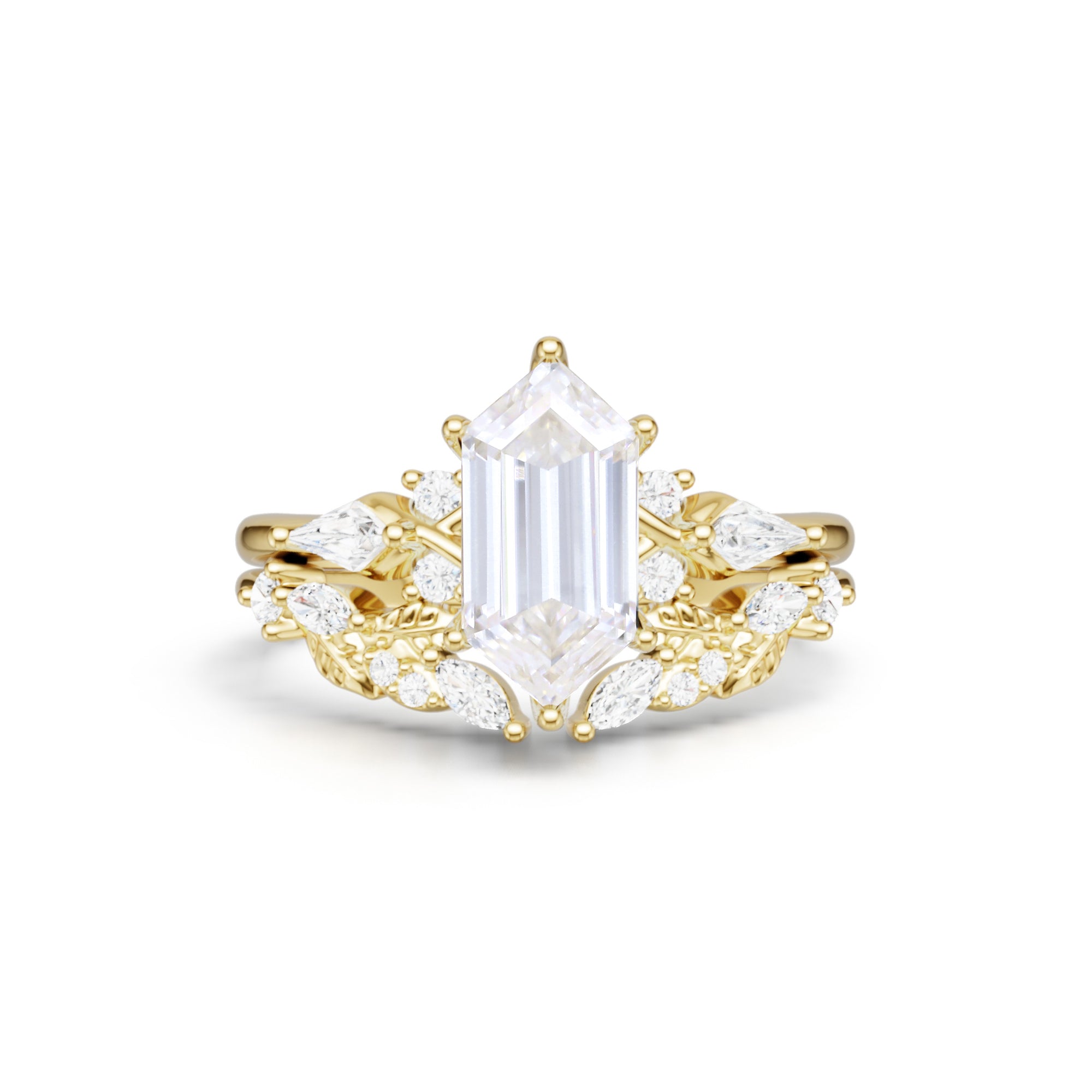 Long Hexagon Cut Lab Diamond Bridal Set Unique Engagement Ring Set