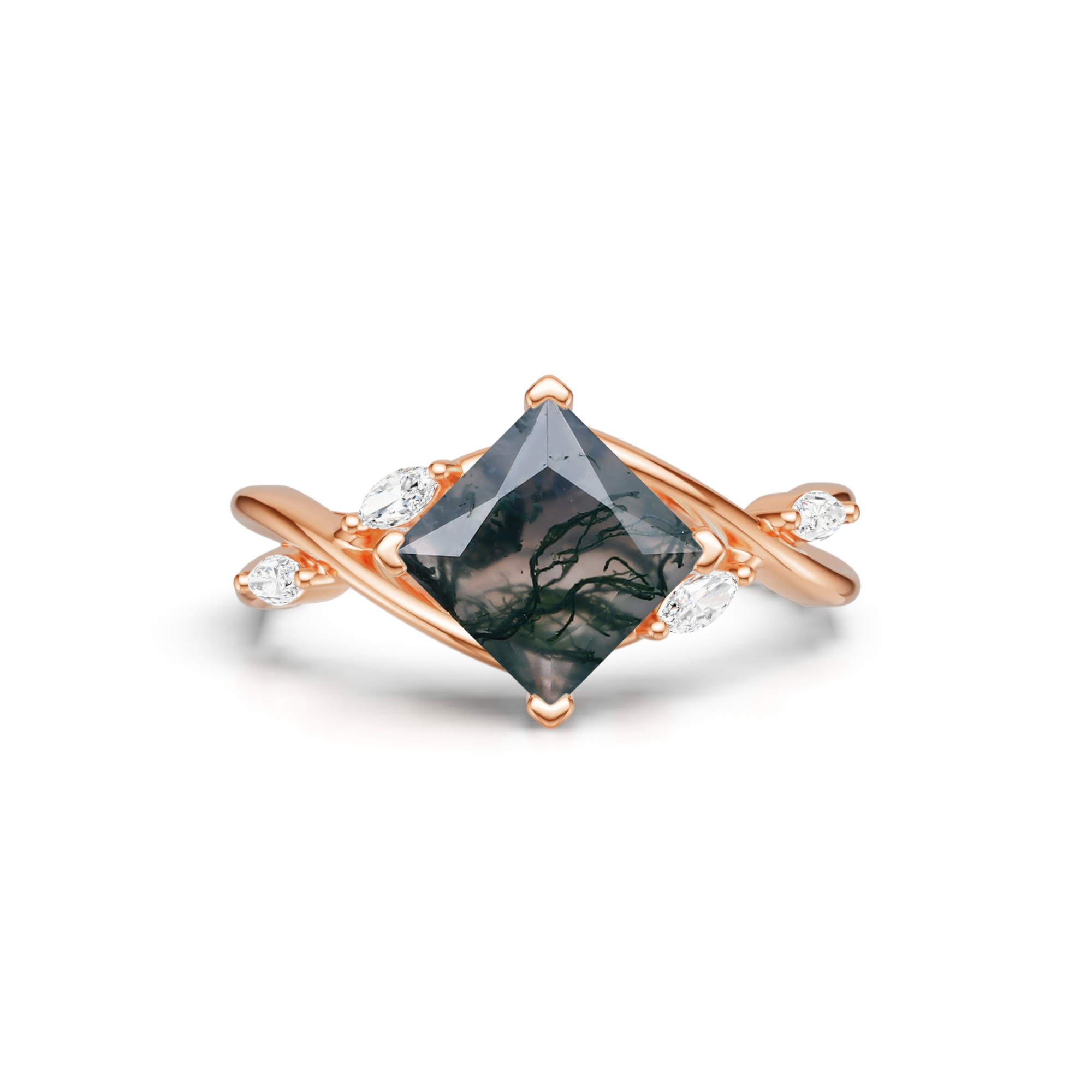 Princess Cut Moss Agate Engagement Ring Crossover Shank Promise Ring