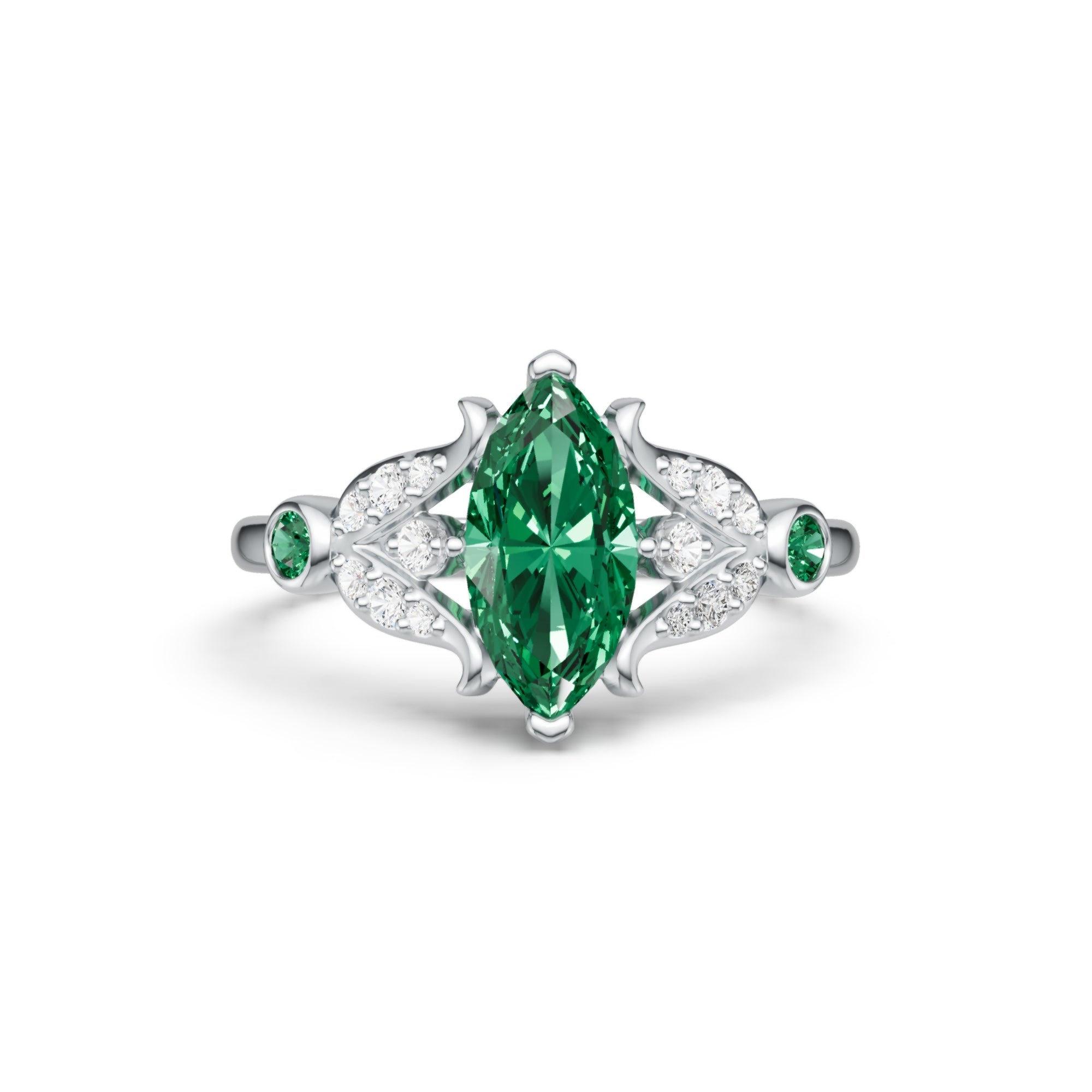 Marquise Cut Emerald Engagement Ring With Moissanite Bud Accents